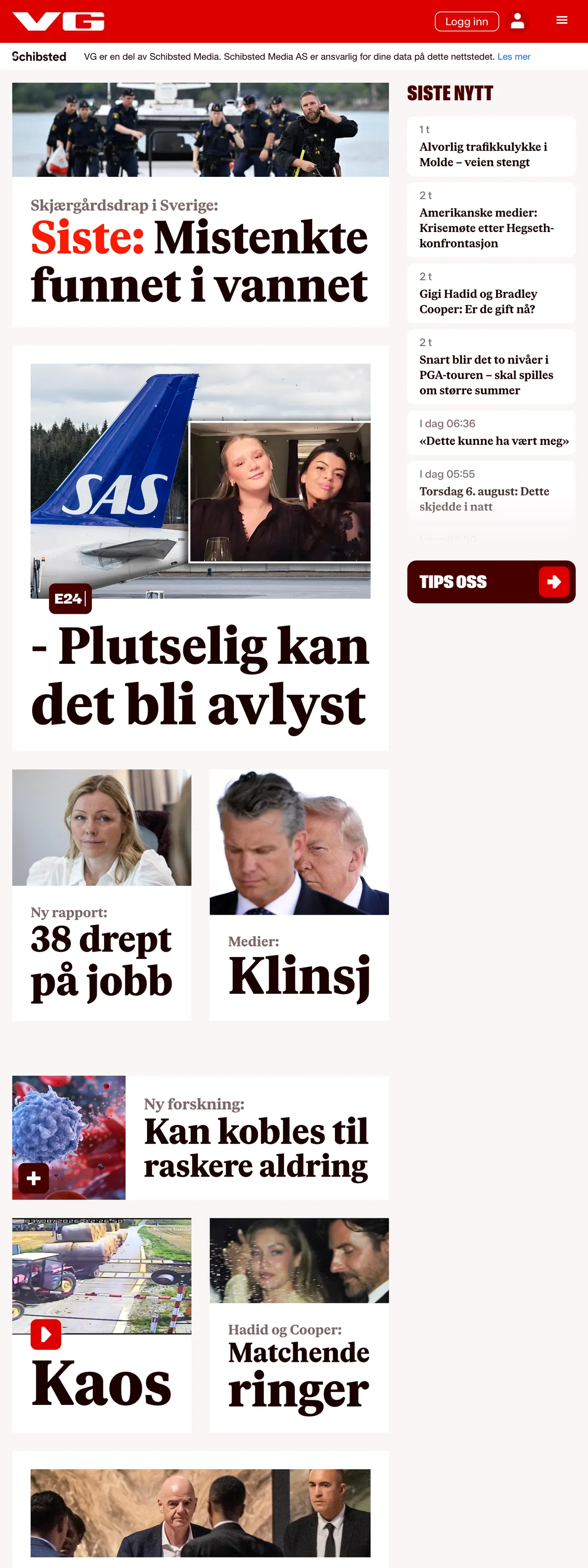 Screenshot of the VG front page