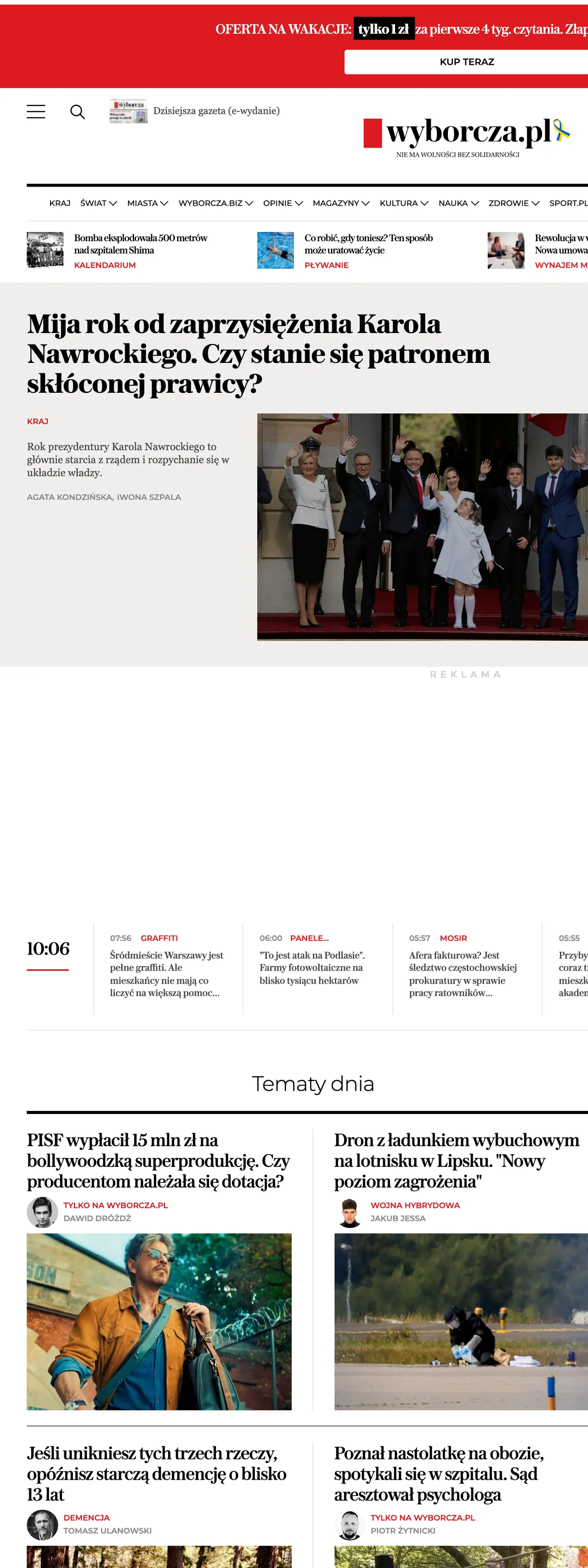 Screenshot of the Wyborcza front page