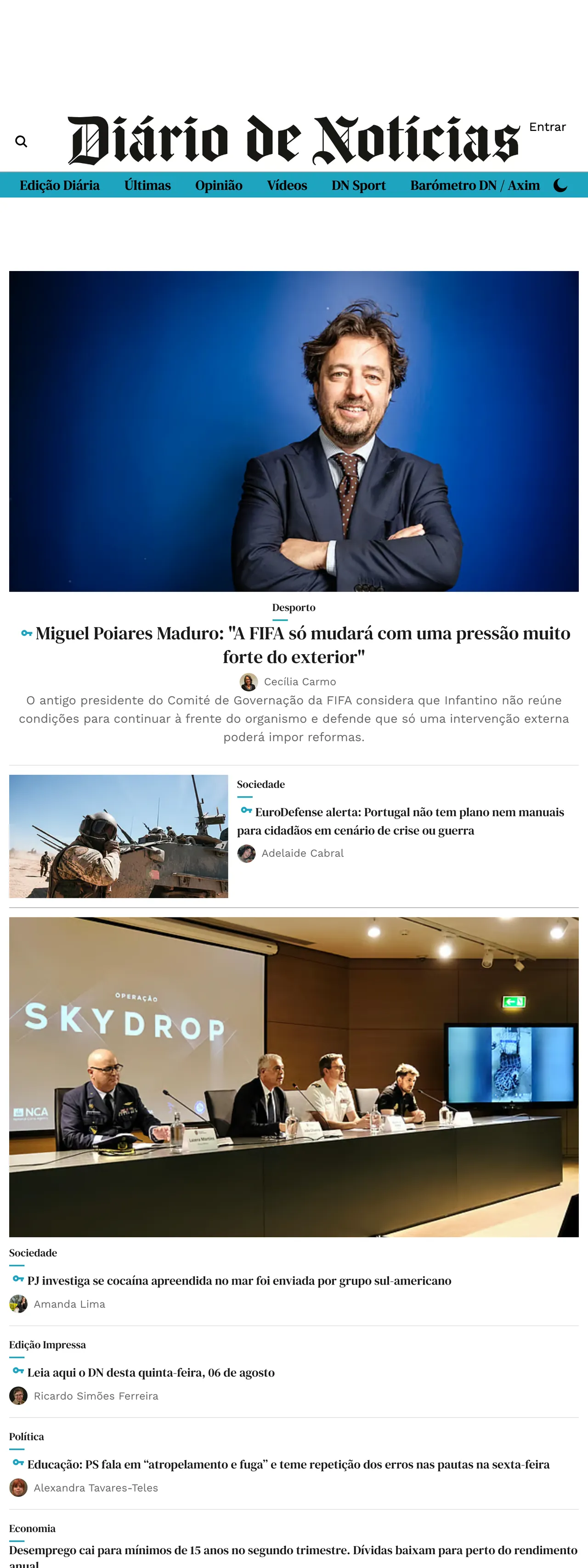 Screenshot of the Diário de Notícias front page