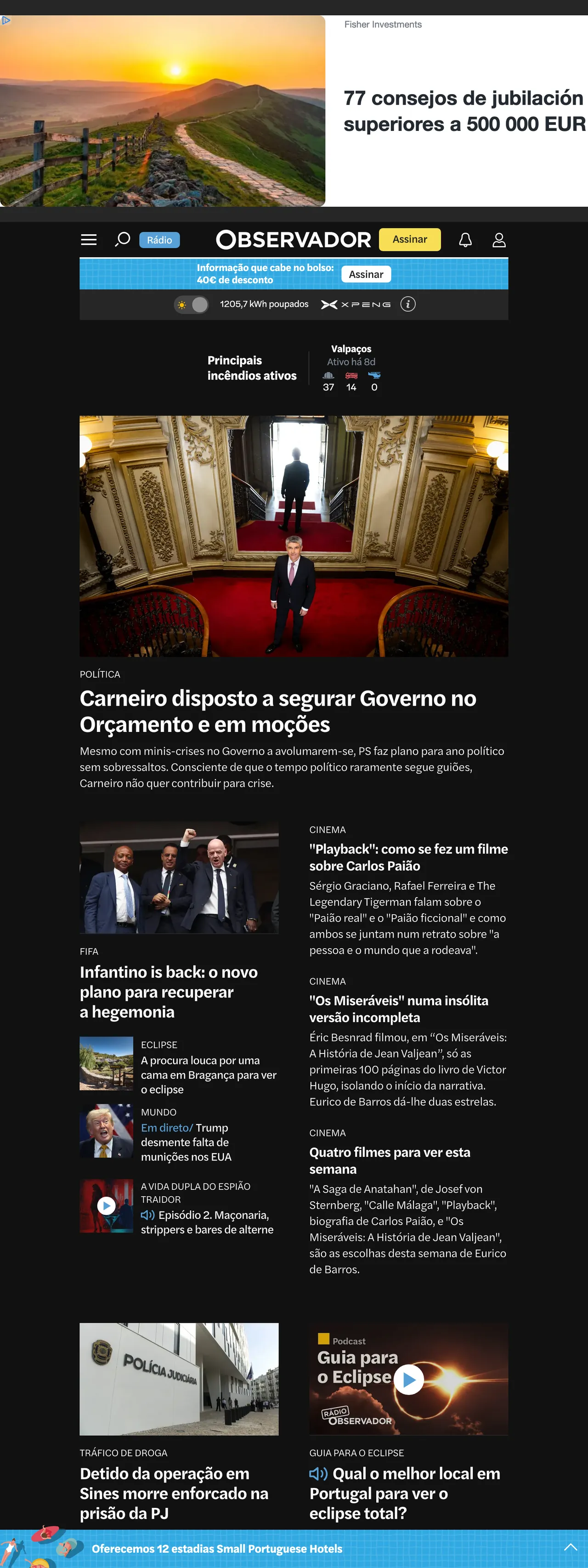 Screenshot of the Observador front page