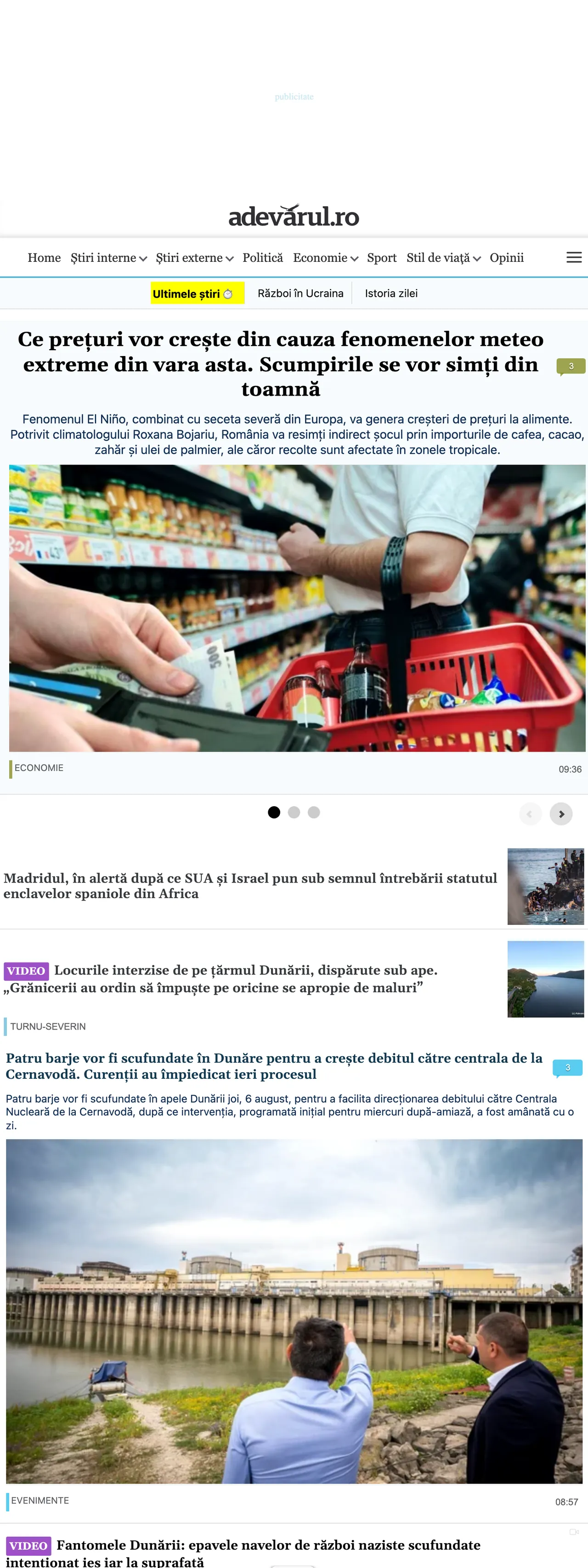 Screenshot of the Adevărul front page