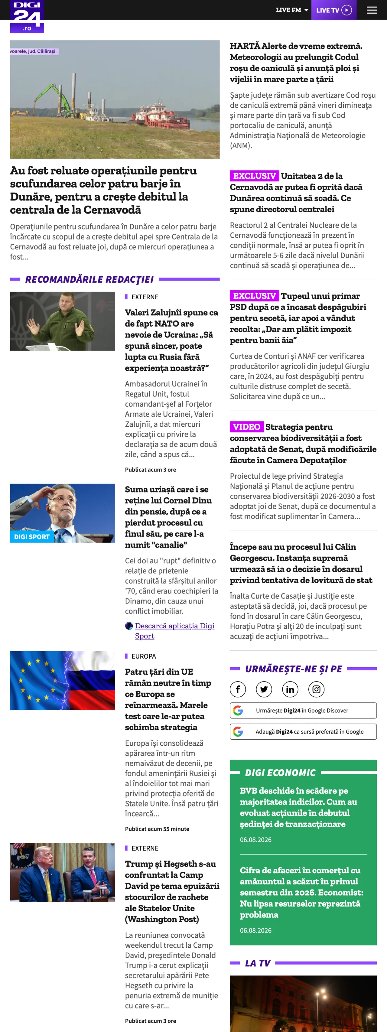 Screenshot of the Digi24 front page