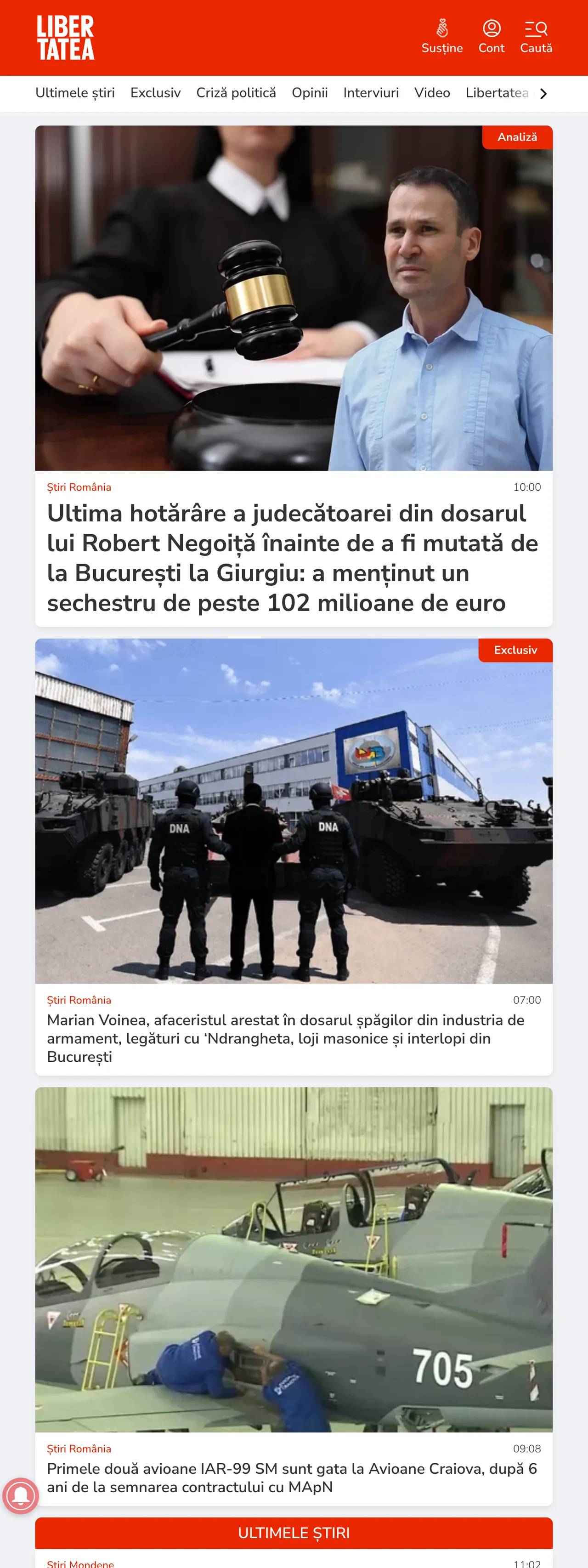 Screenshot of the Libertatea front page