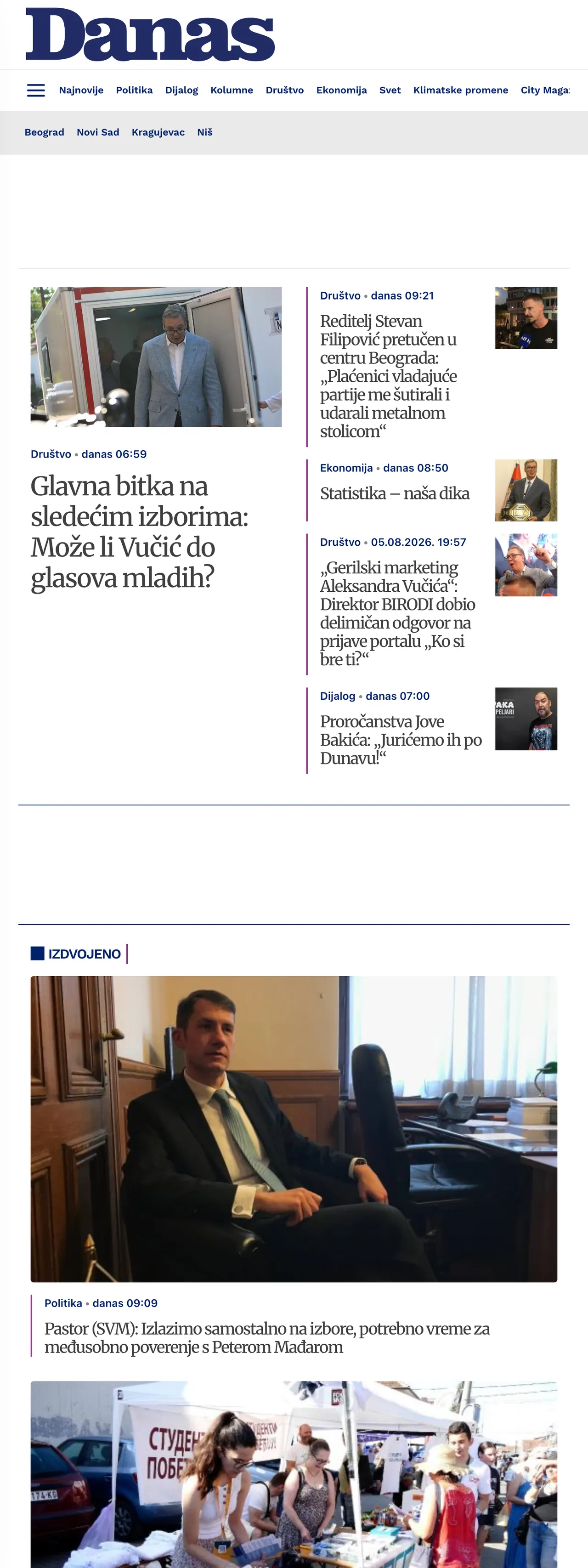 Screenshot of the Danas front page