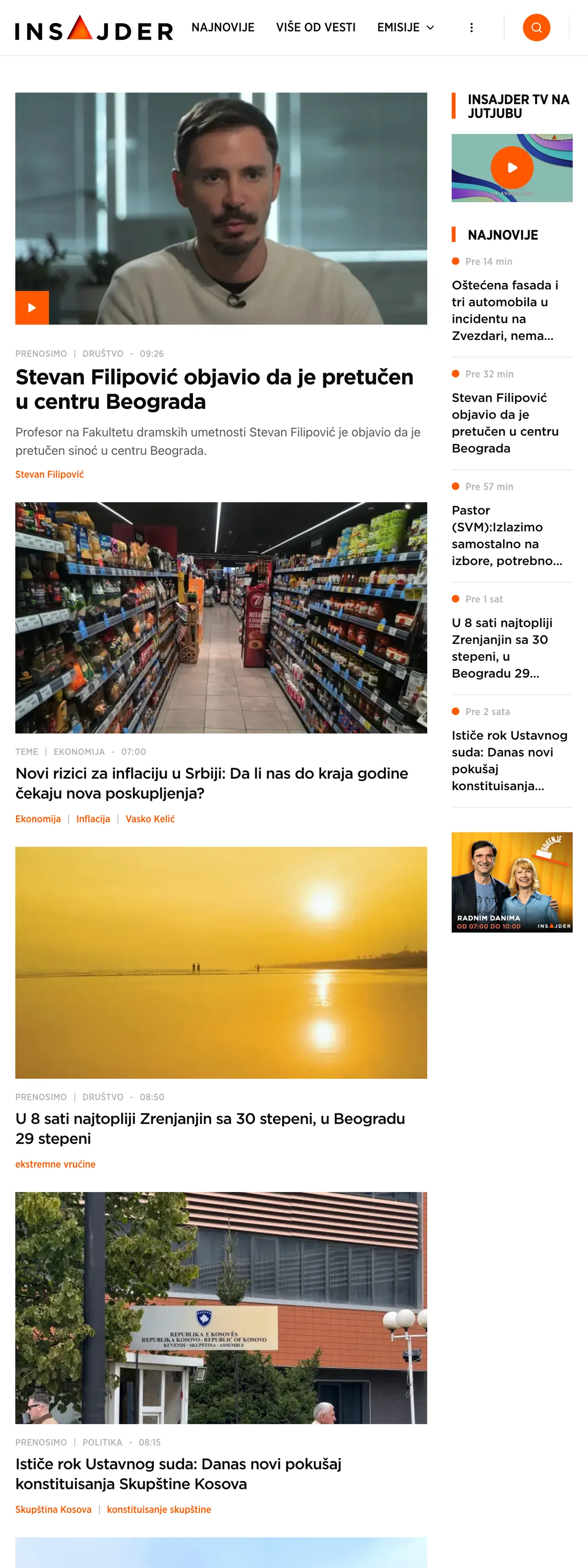 Screenshot of the Insajder front page