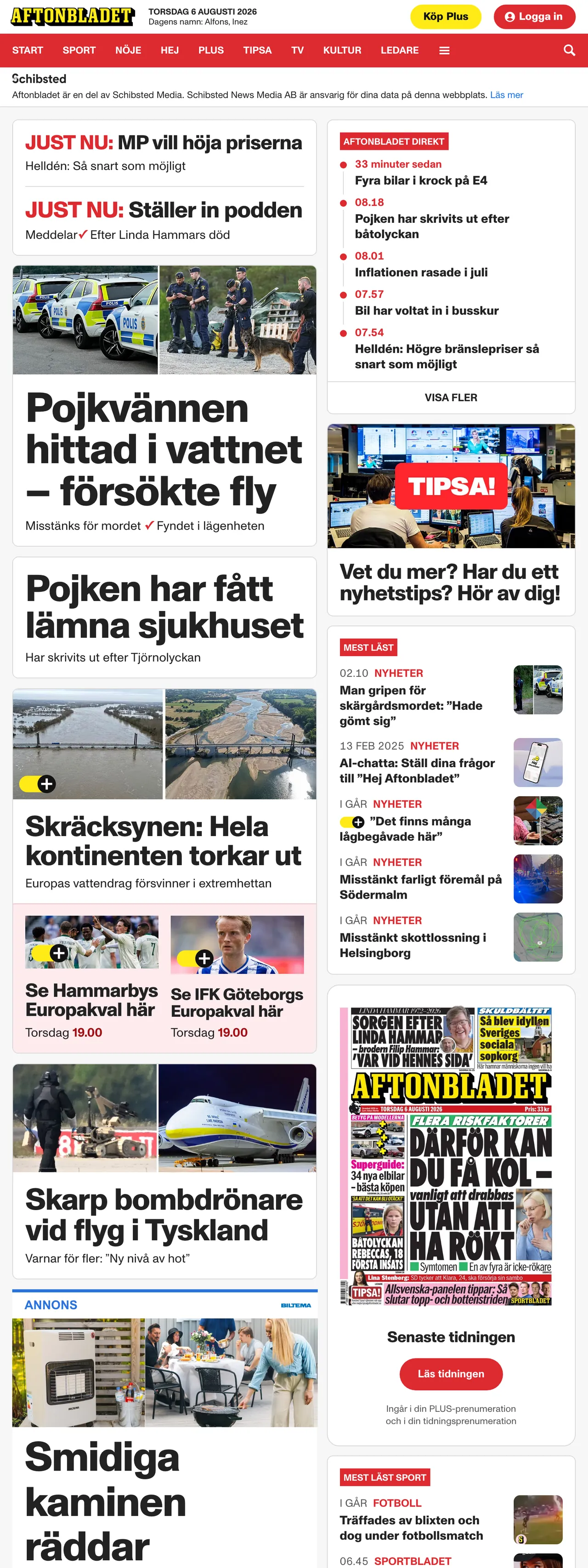 Screenshot of the Aftonbladet front page