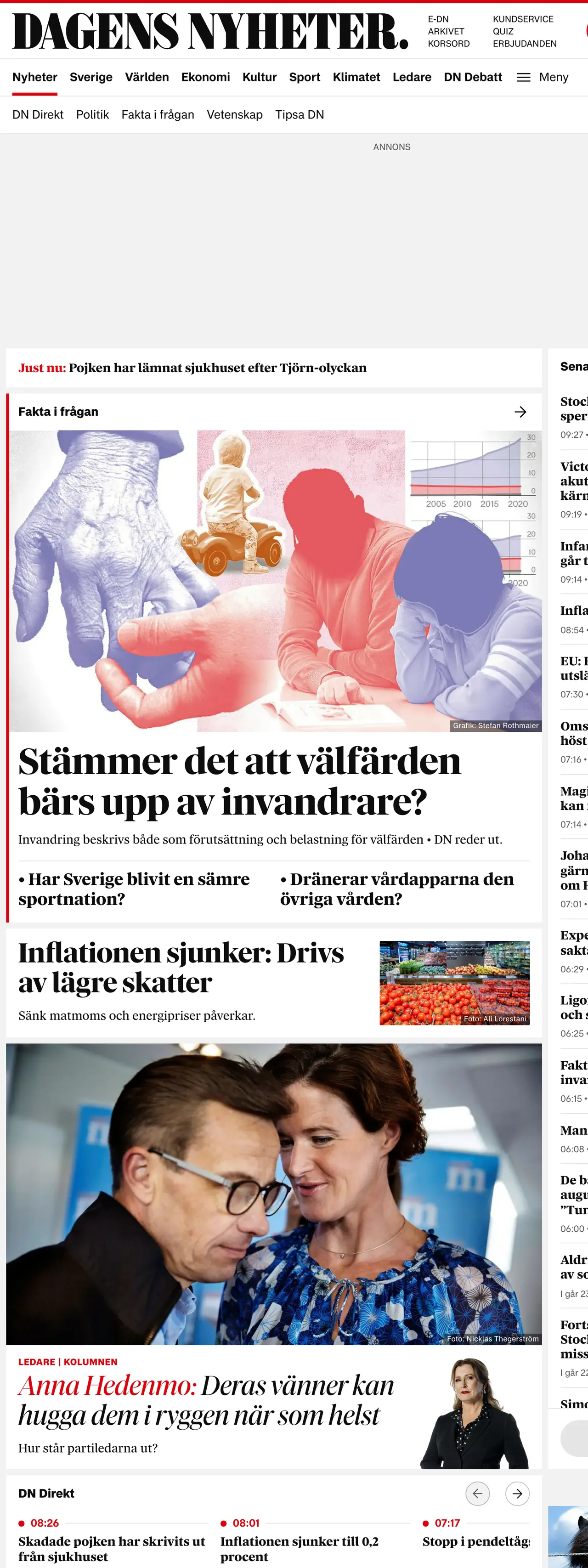 Screenshot of the Dagens Nyheter front page