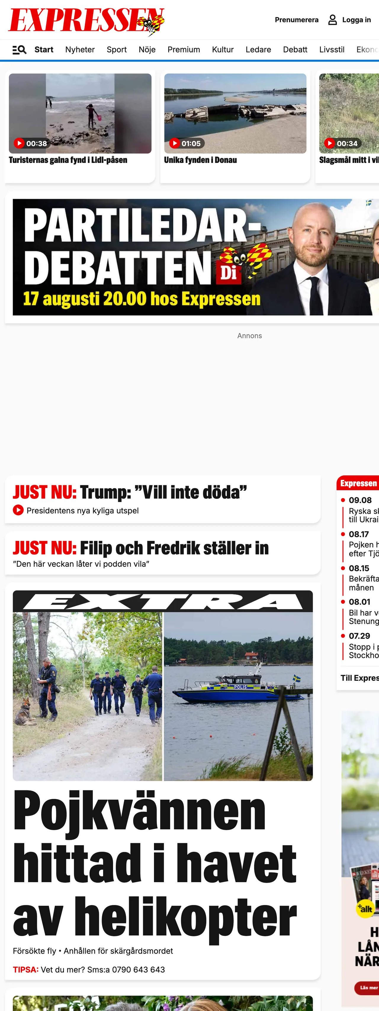 Screenshot of the Expressen front page