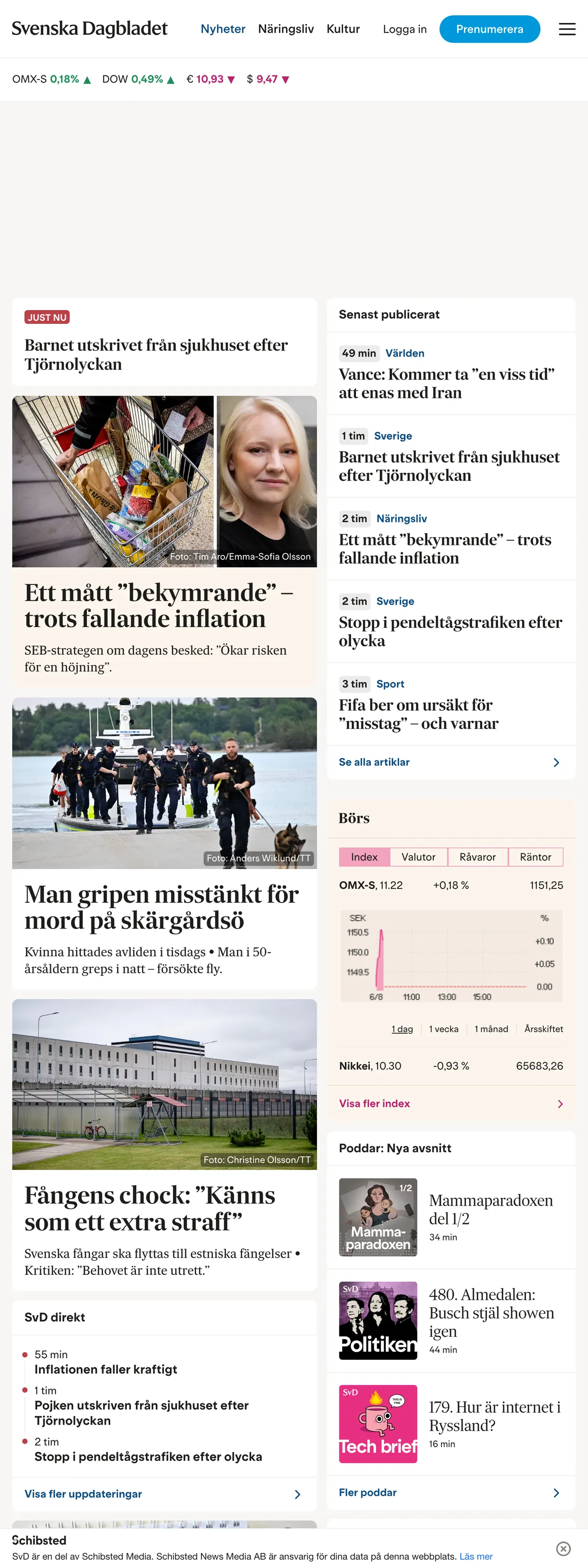 Screenshot of the Svenska Dagbladet front page