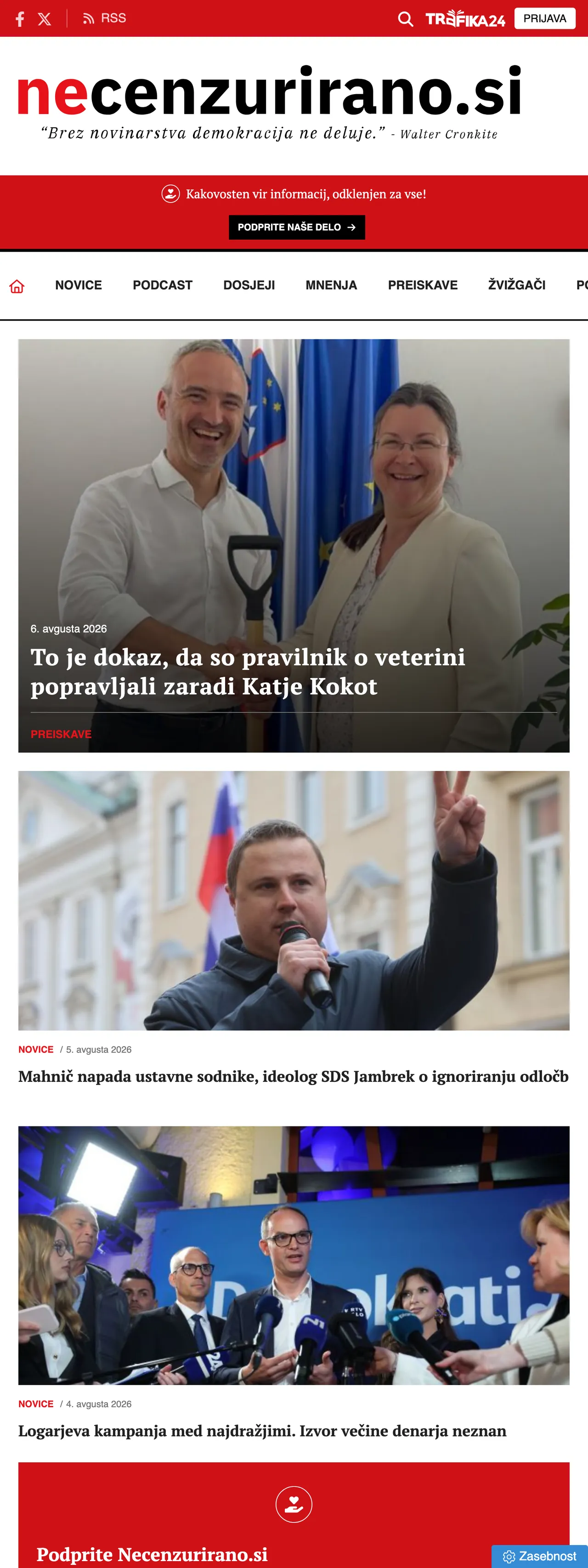Screenshot of the Necenzurirano front page