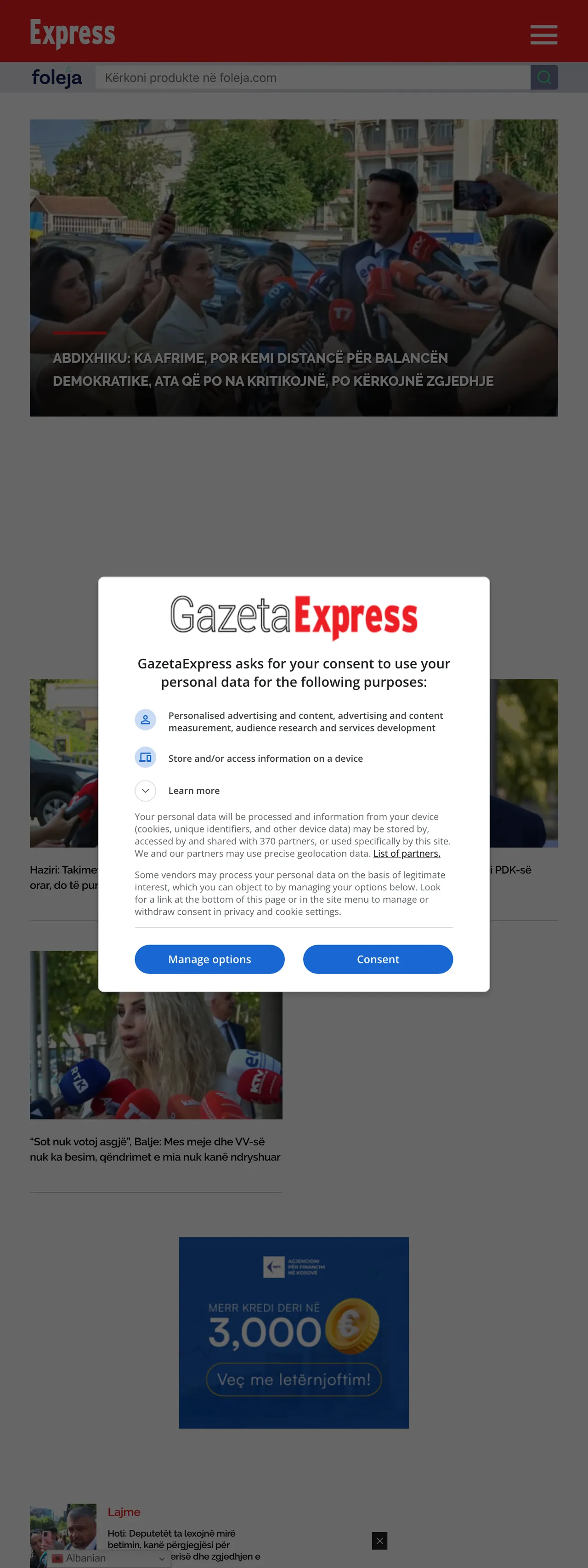Screenshot of the Gazeta Express front page