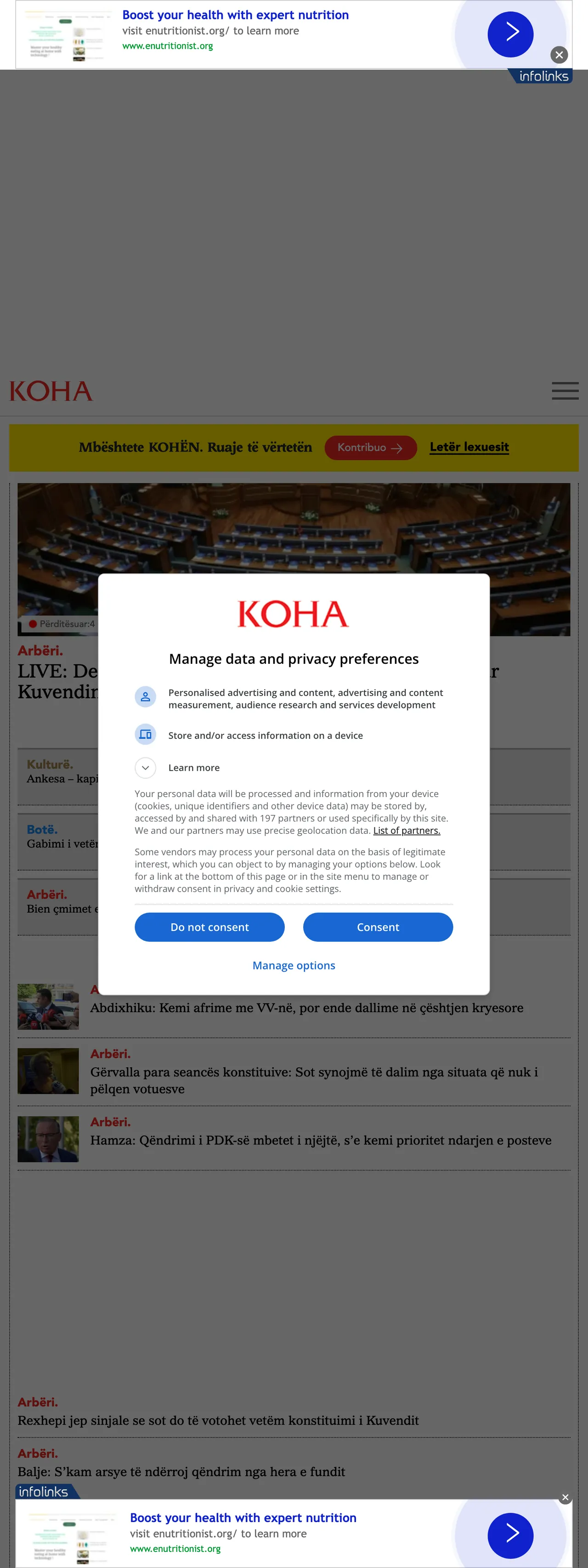 Screenshot of the Koha Ditore front page