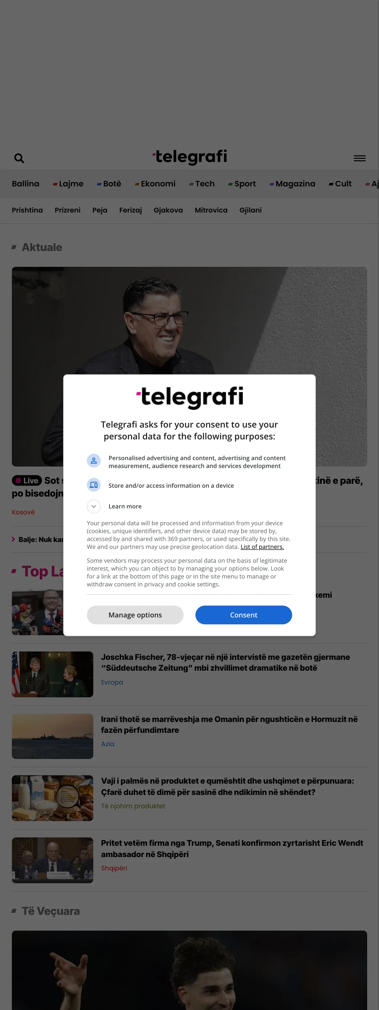 Screenshot of the Telegrafi front page