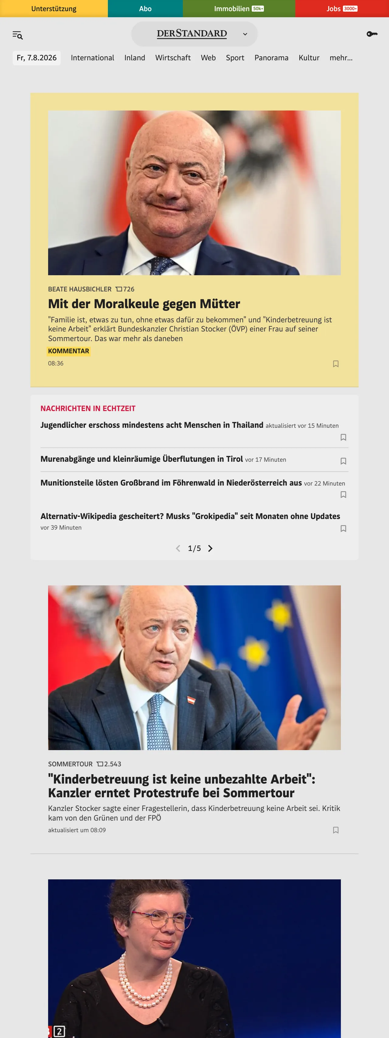 Screenshot of the DER STANDARD front page