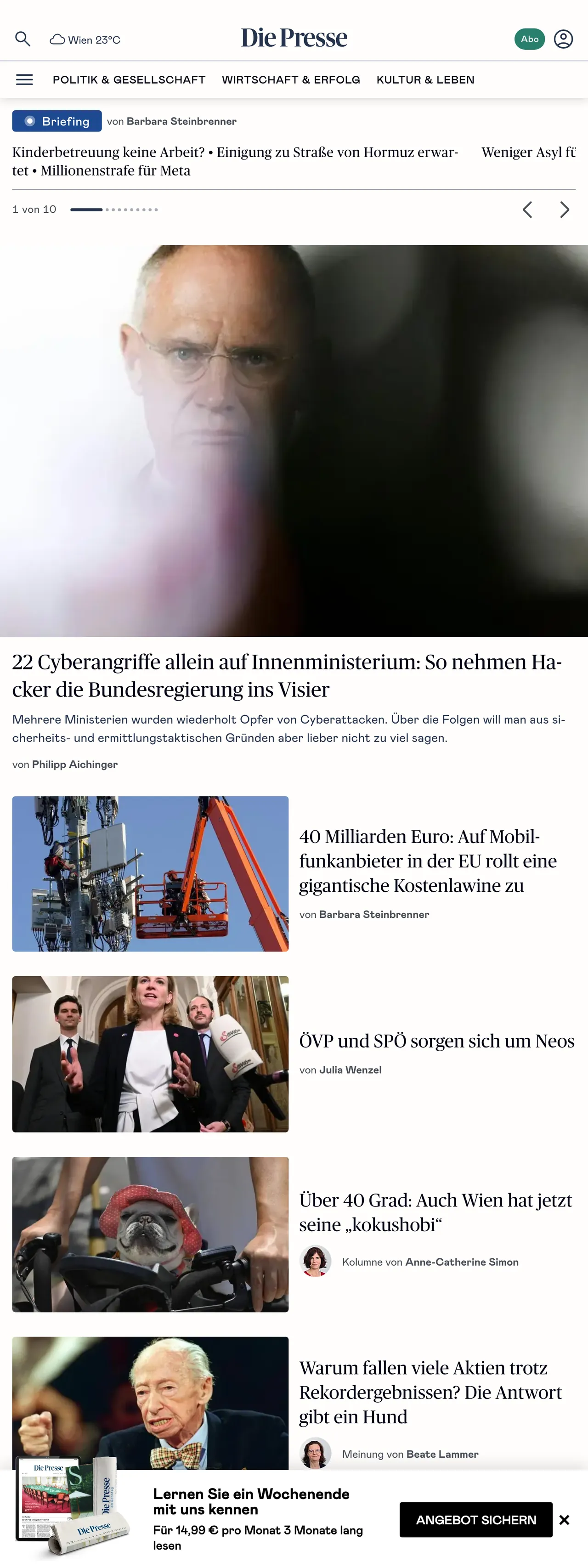 Screenshot of the Die Presse front page