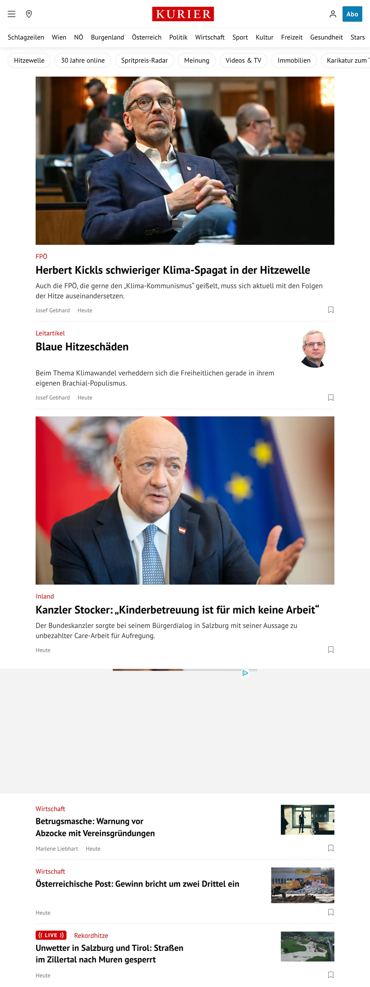 Screenshot of the Kurier front page