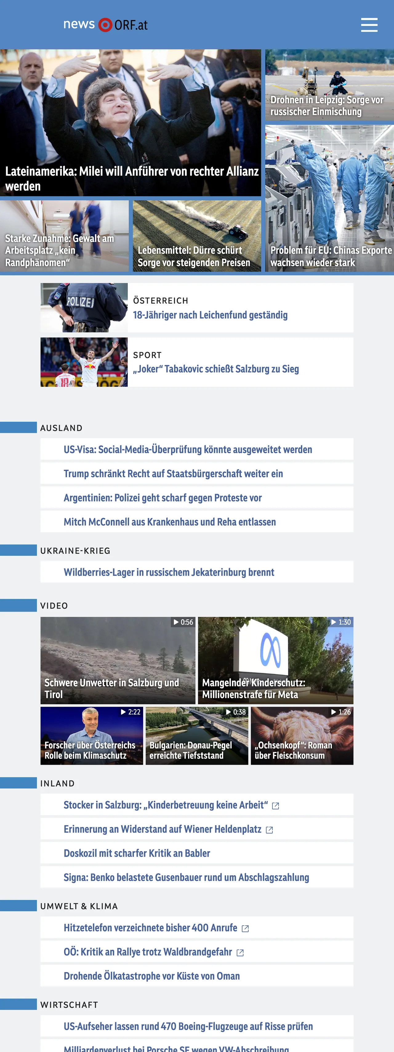 Screenshot of the ORF front page