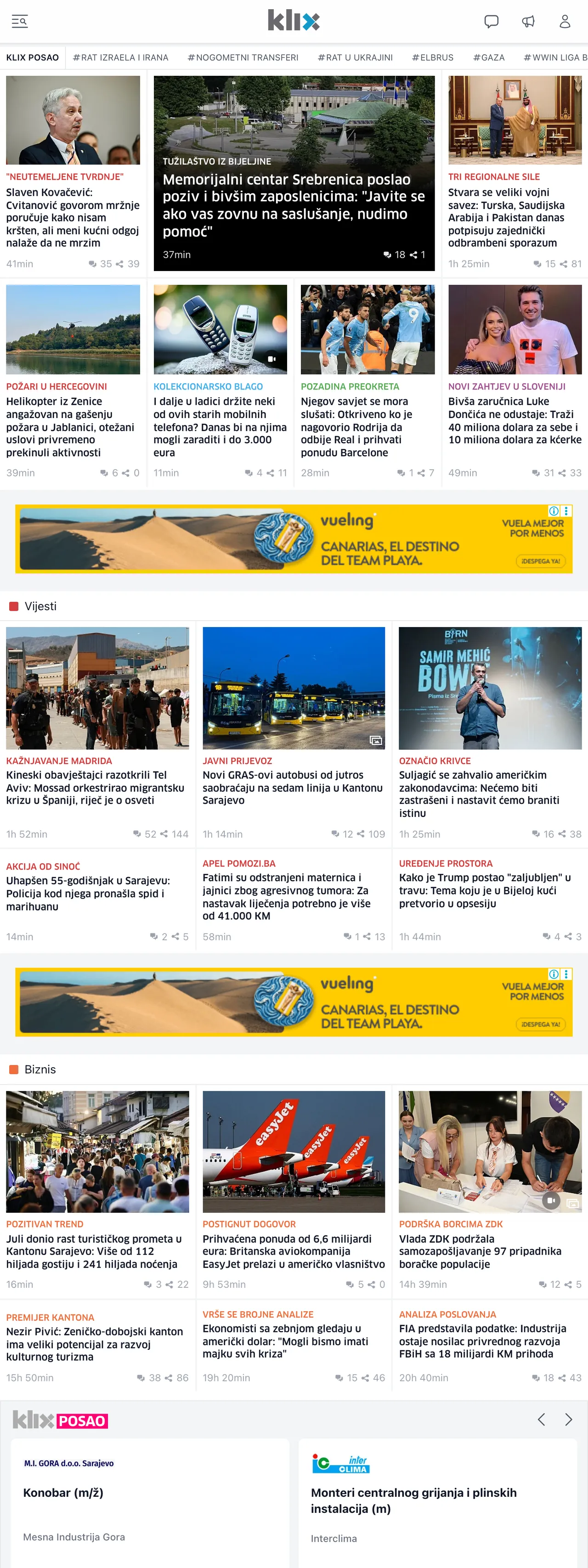 Screenshot of the Klix.ba front page