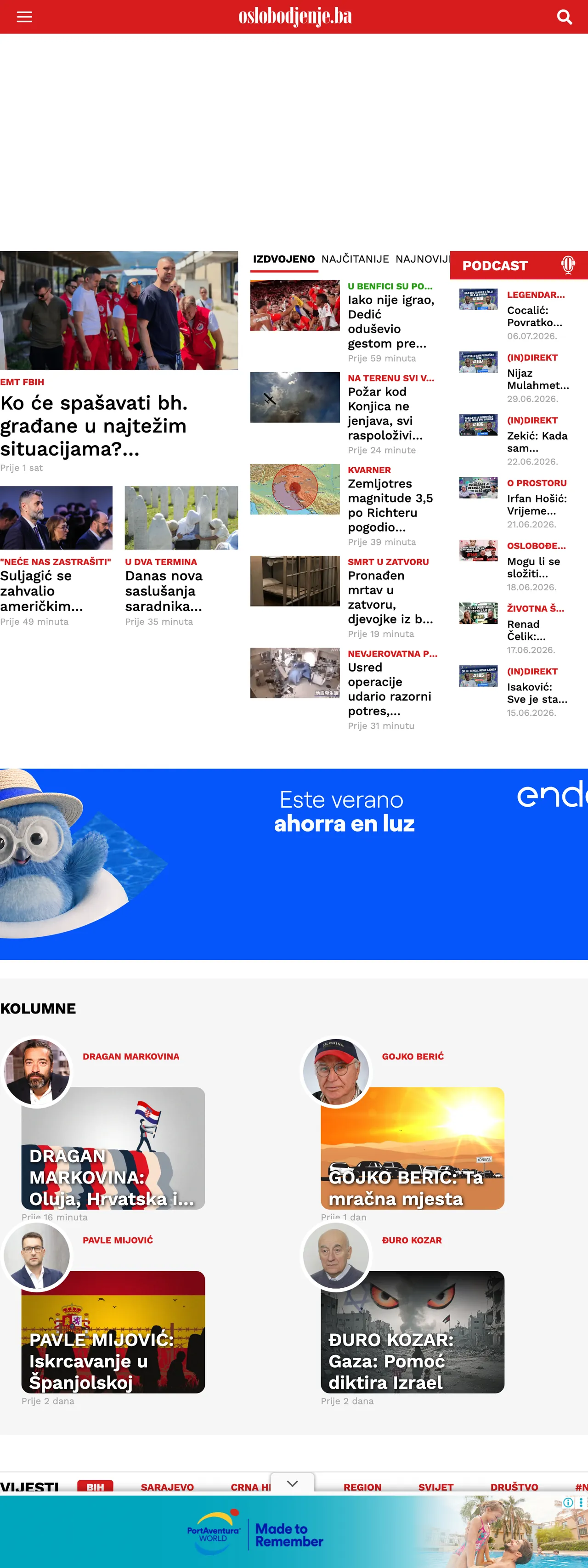 Screenshot of the Oslobođenje front page