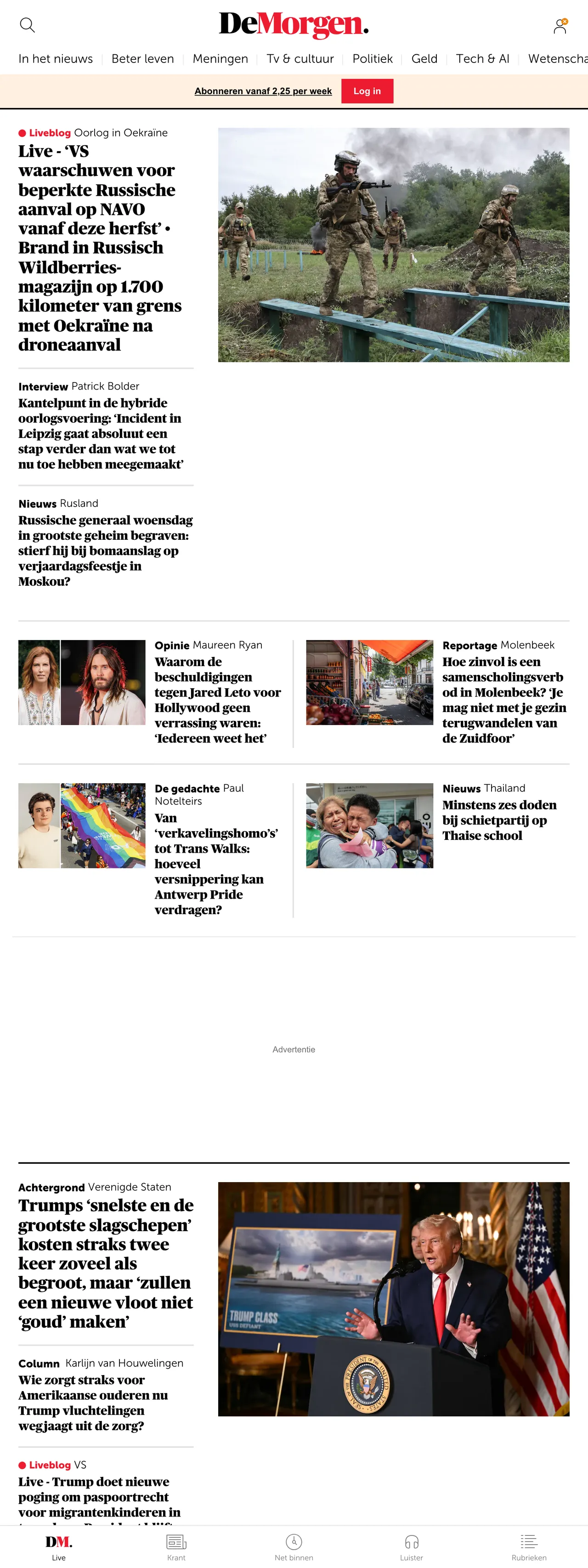 Screenshot of the De Morgen front page