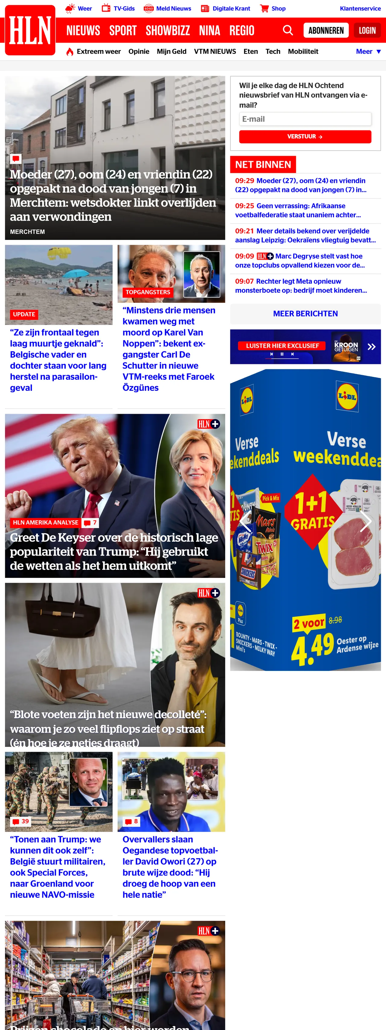 Screenshot of the HLN front page