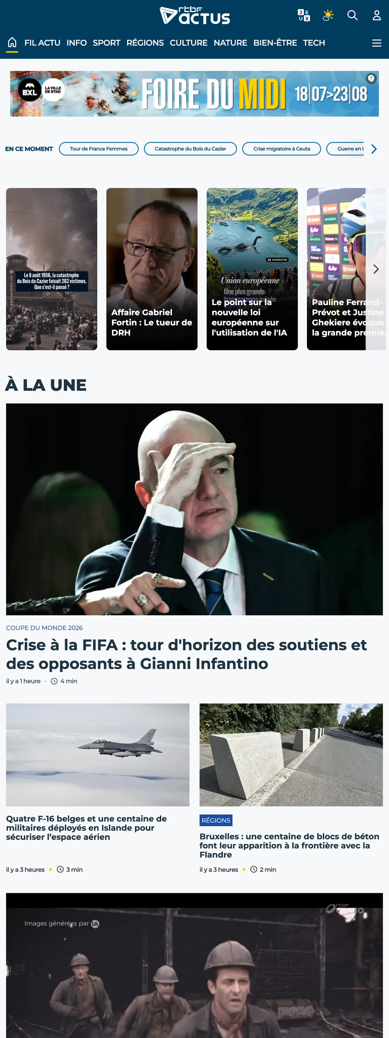 Screenshot of the RTBF front page