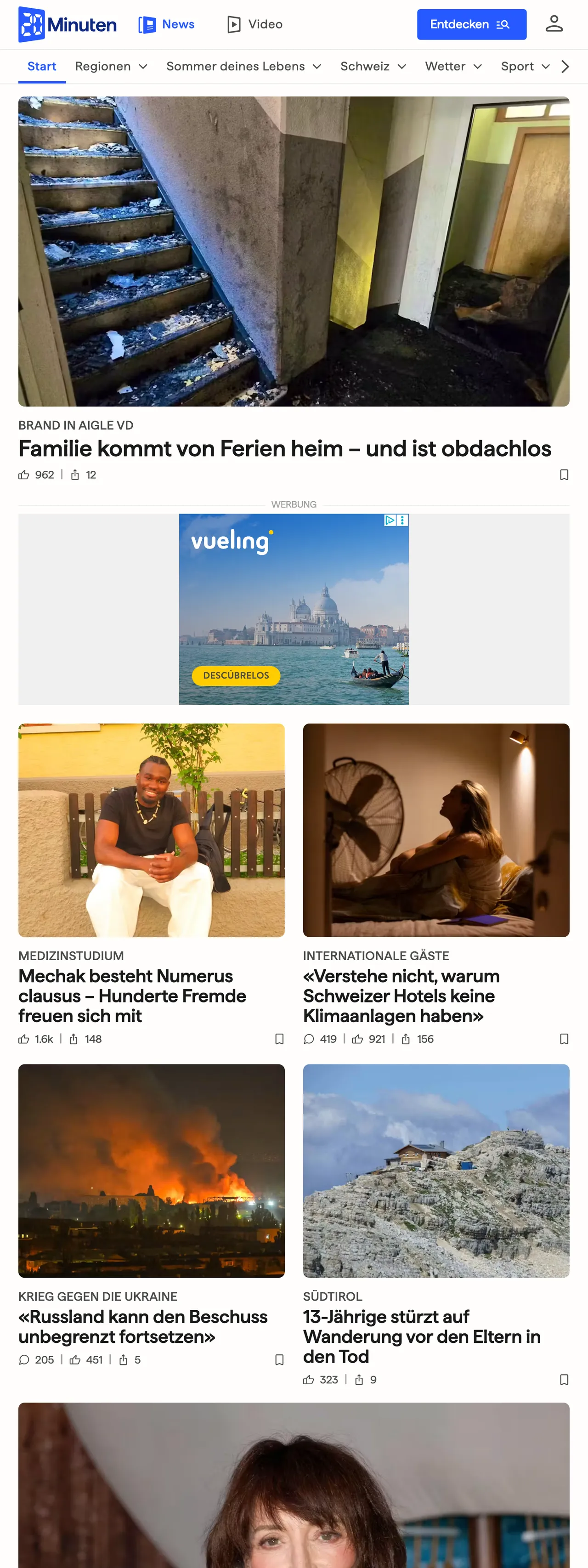 Screenshot of the 20 Minuten front page