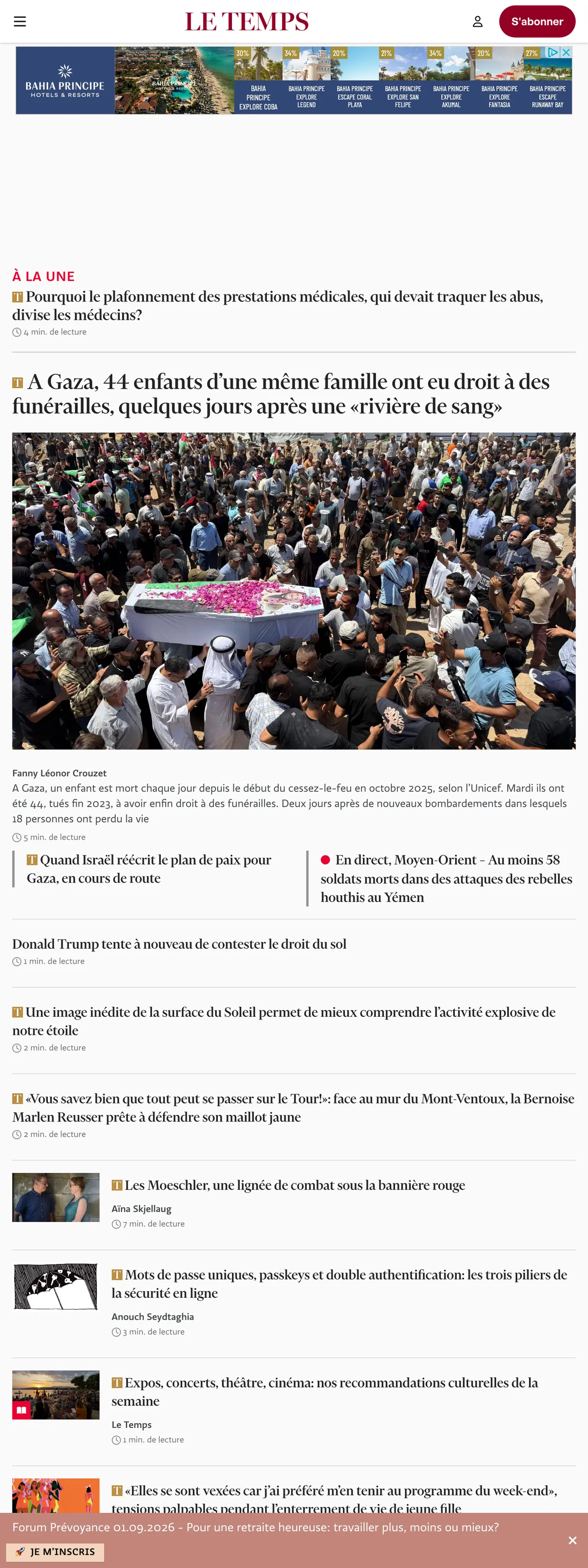 Screenshot of the Le Temps front page
