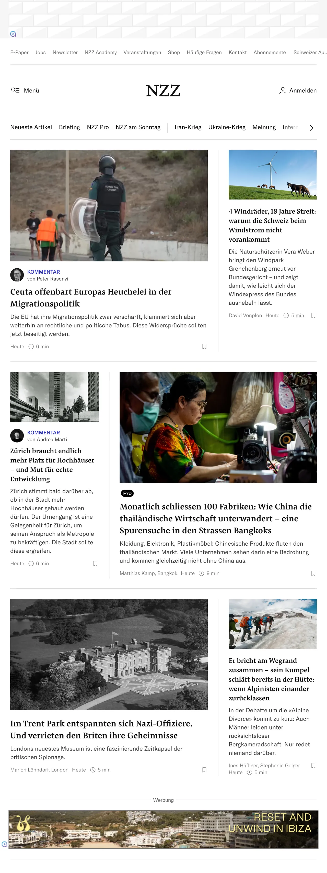 Screenshot of the Neue Zürcher Zeitung front page