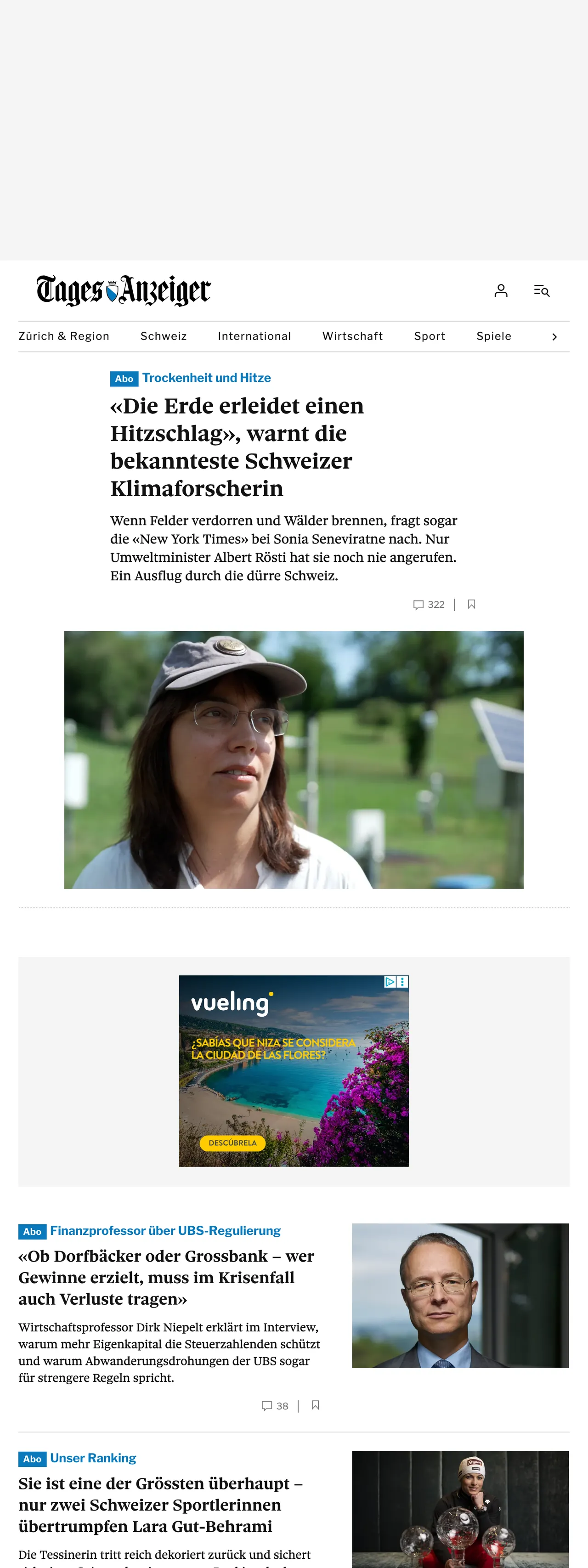 Screenshot of the Tages-Anzeiger front page