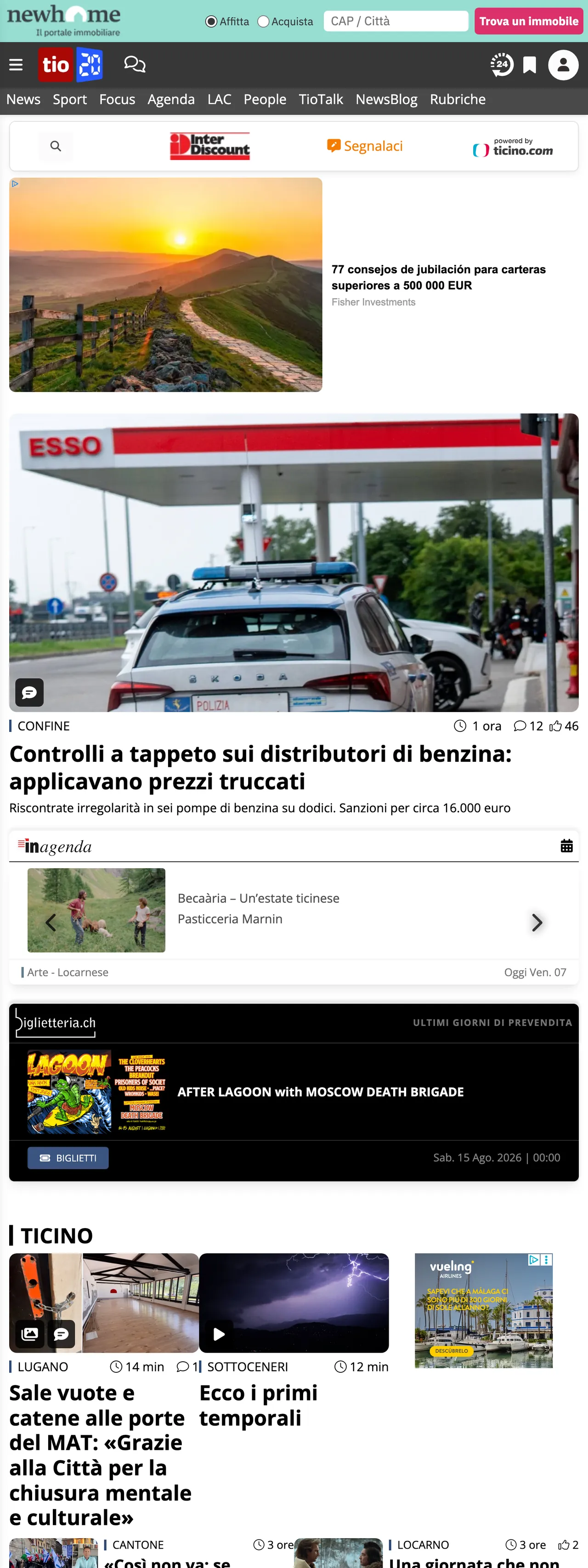 Screenshot of the Ticinonline front page