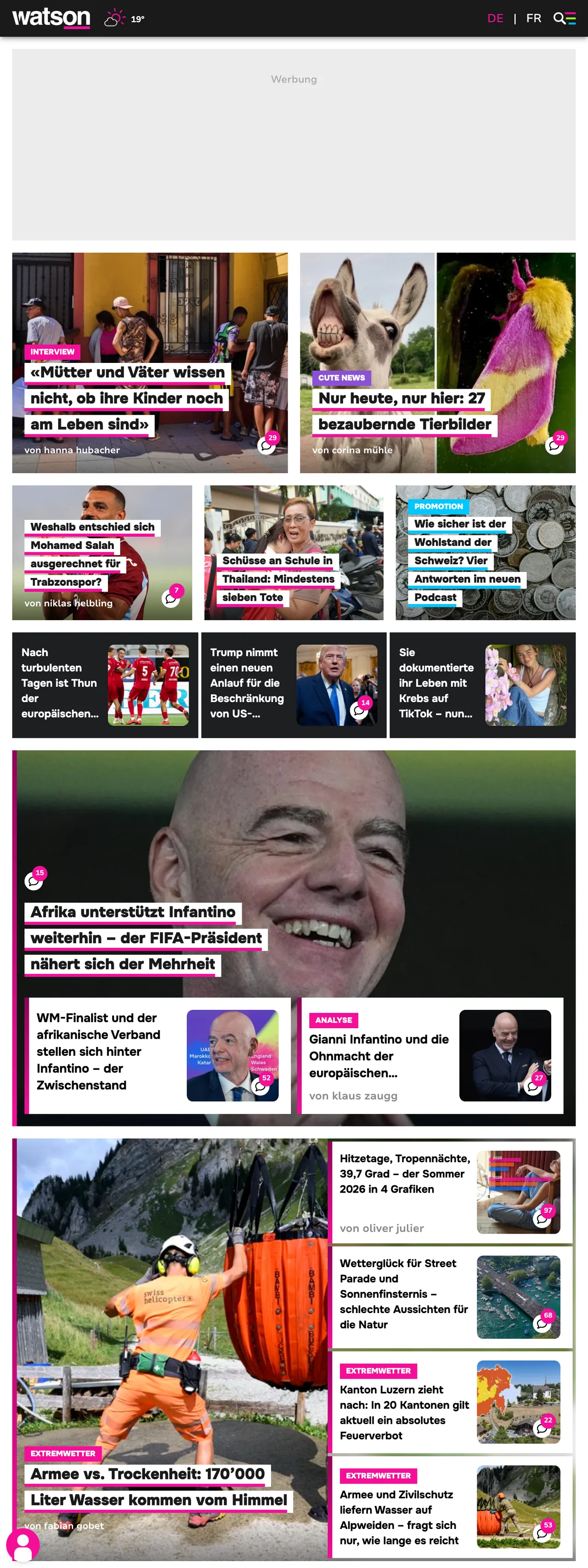 Screenshot of the watson front page
