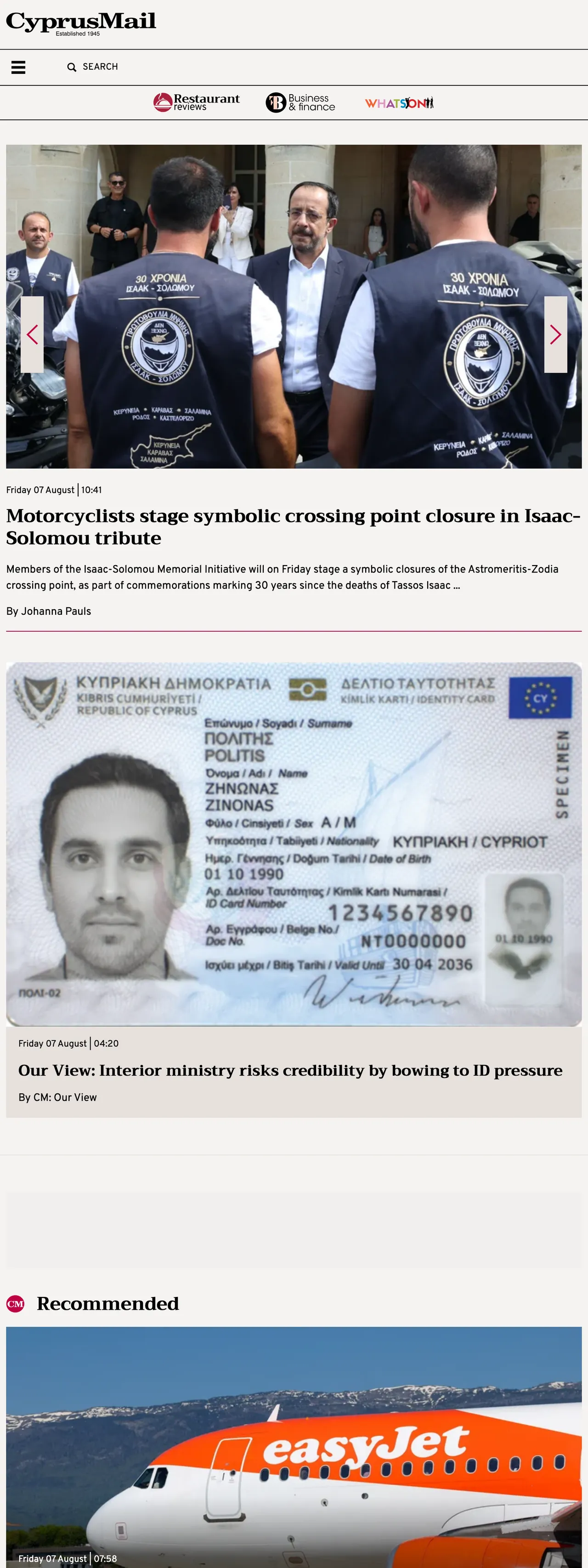 Screenshot of the Cyprus Mail front page