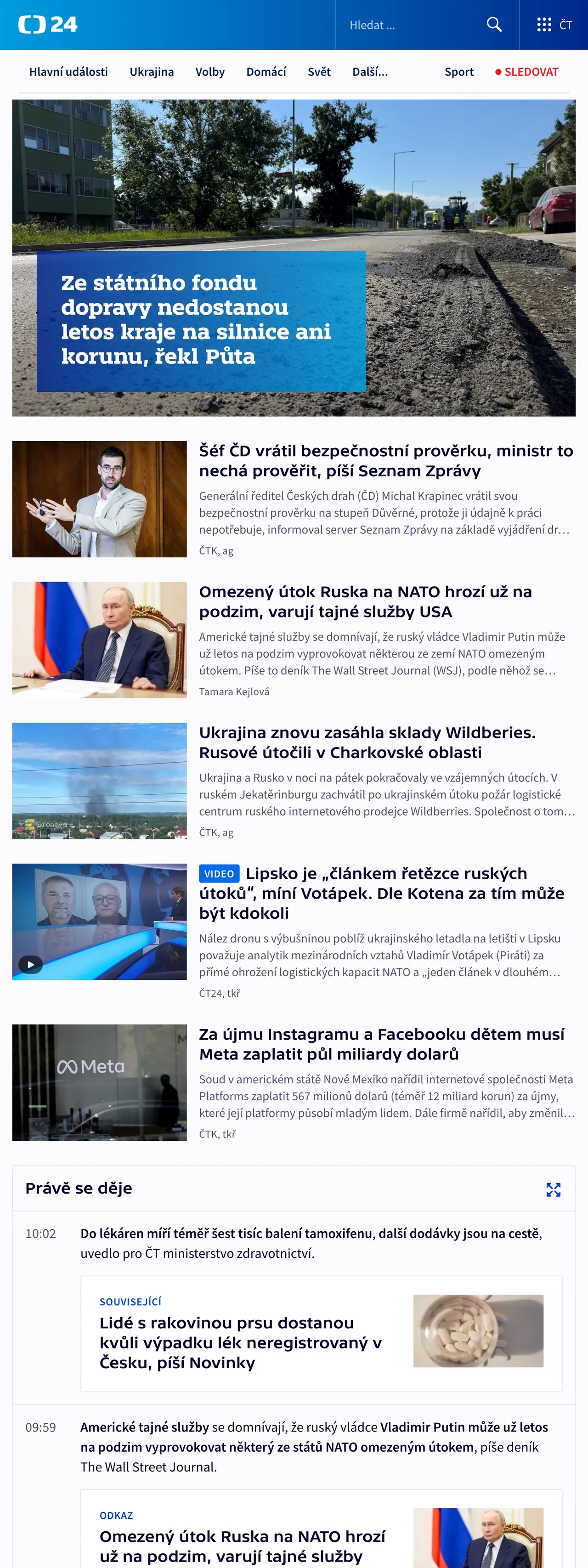 Screenshot of the ČT24 front page