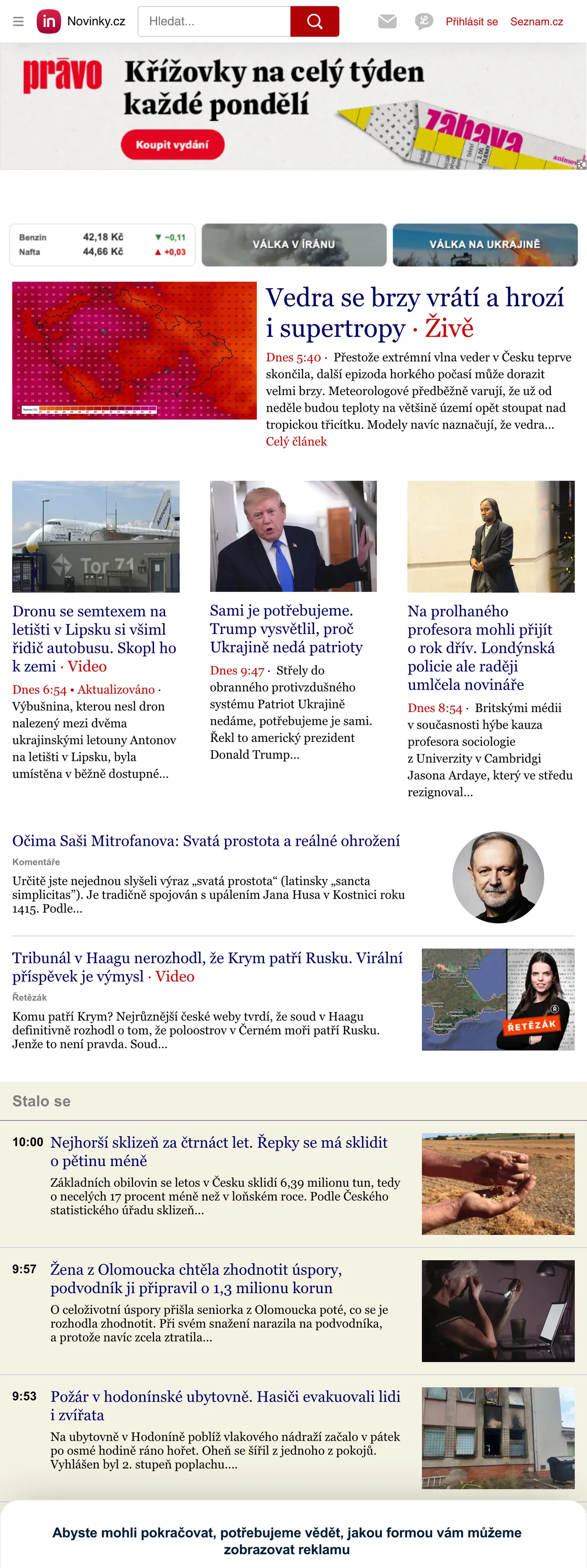 Screenshot of the Novinky.cz front page