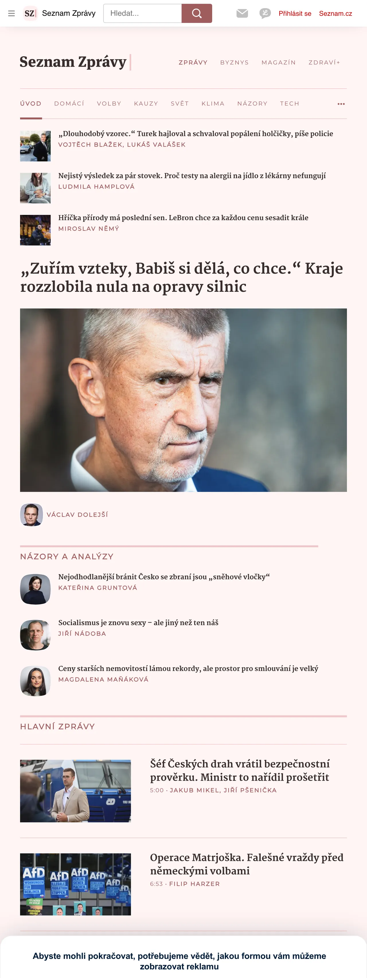 Screenshot of the Seznam Zprávy front page