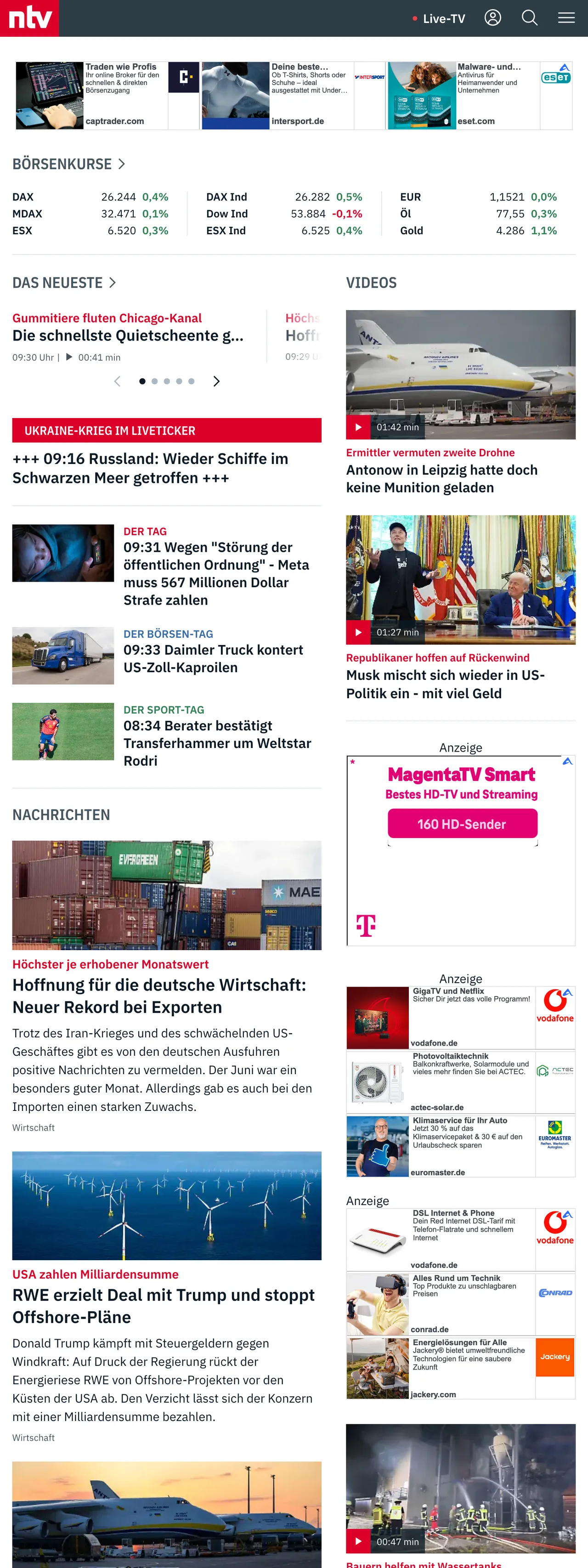 Screenshot of the n-tv front page