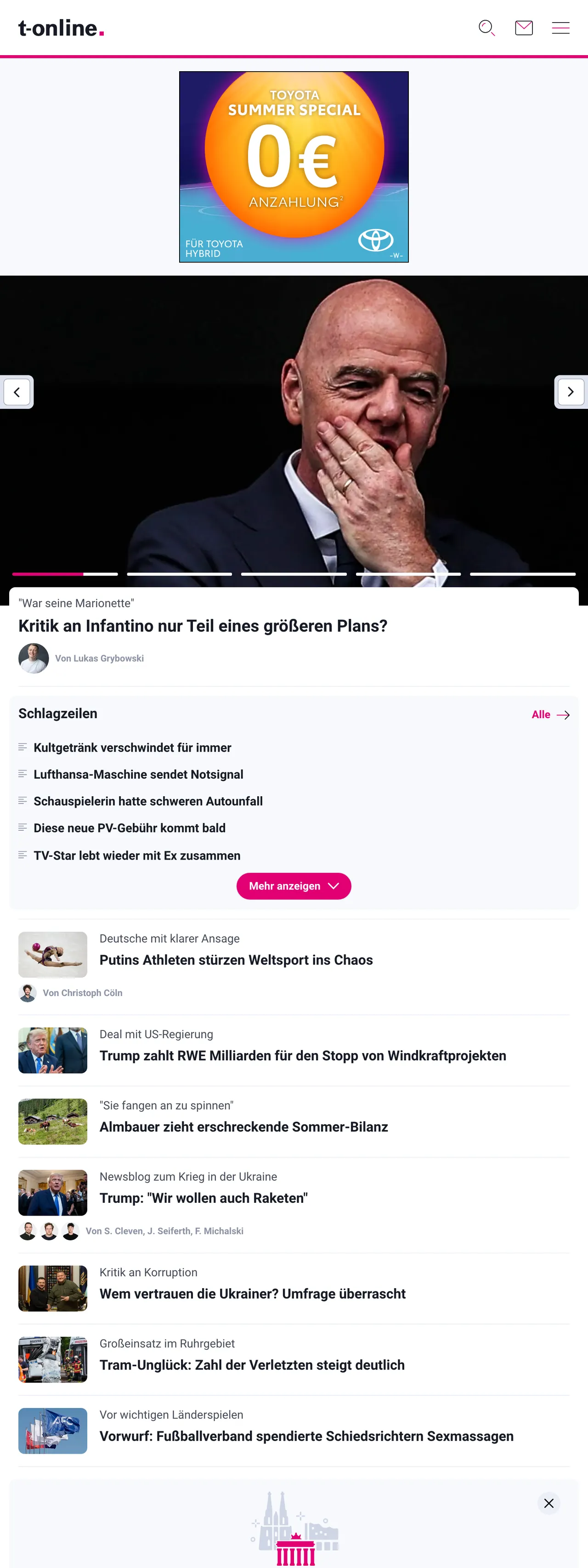 Screenshot of the t-online front page