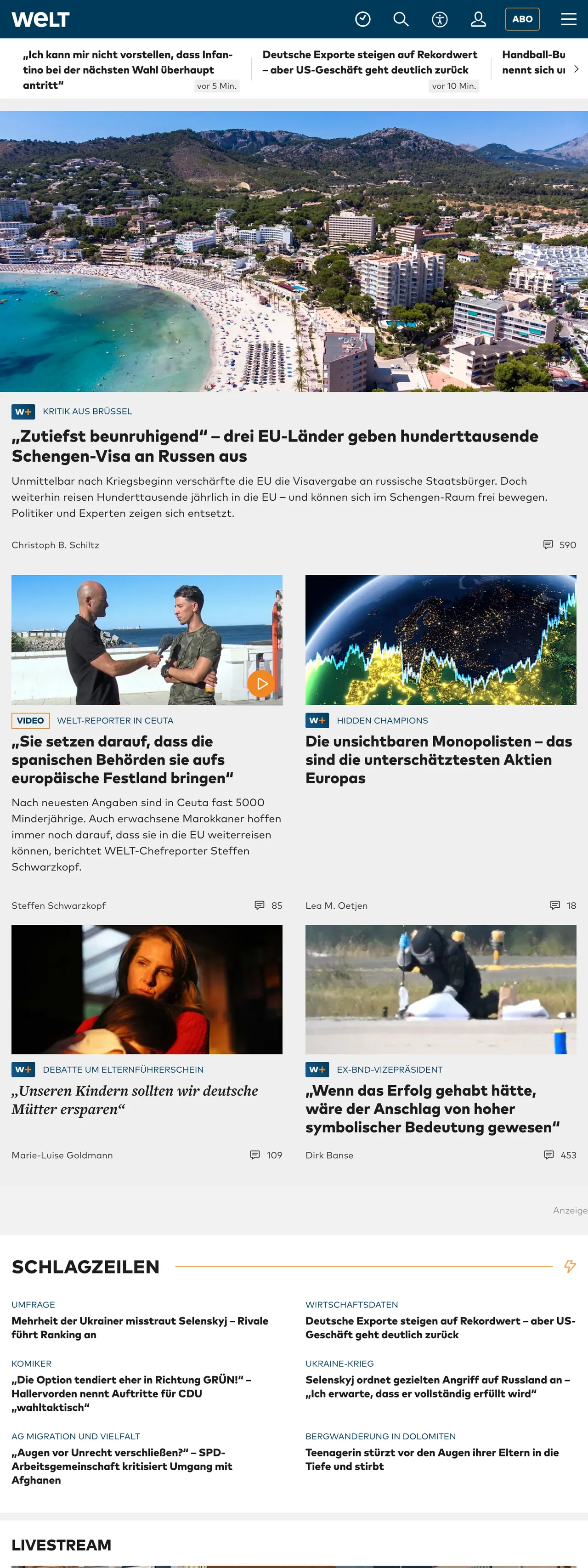 Screenshot of the WELT front page