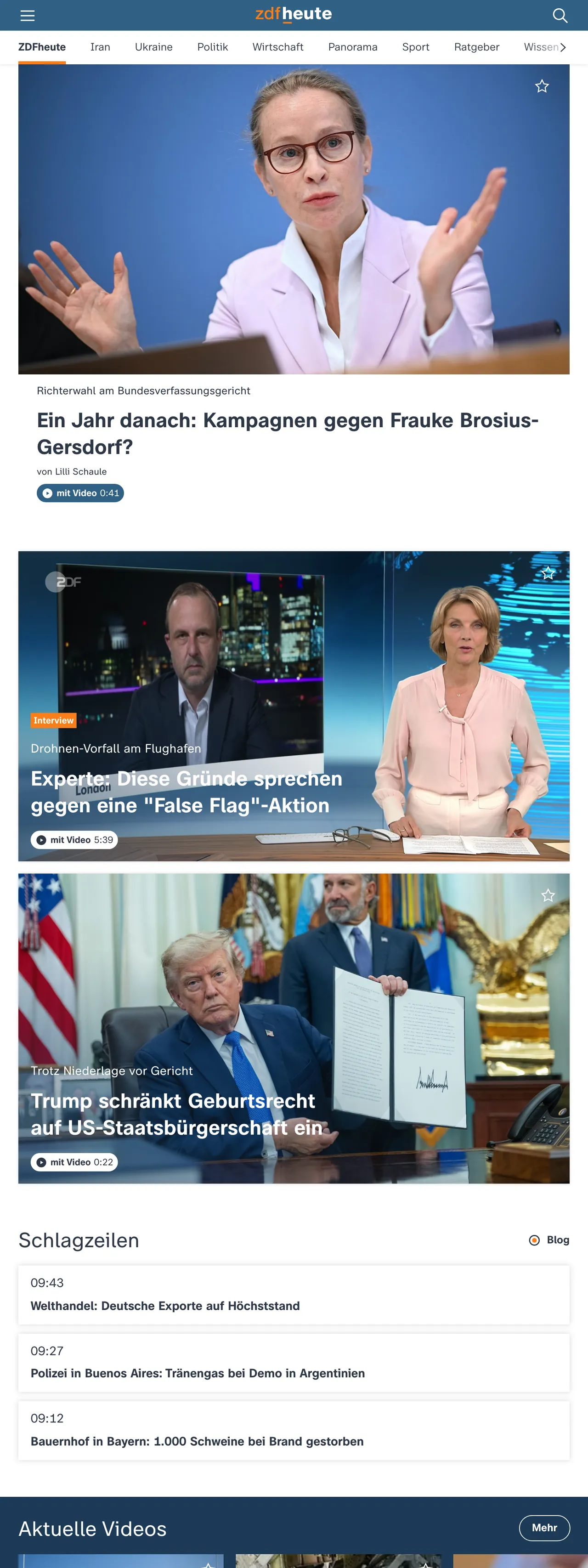 Screenshot of the ZDFheute front page