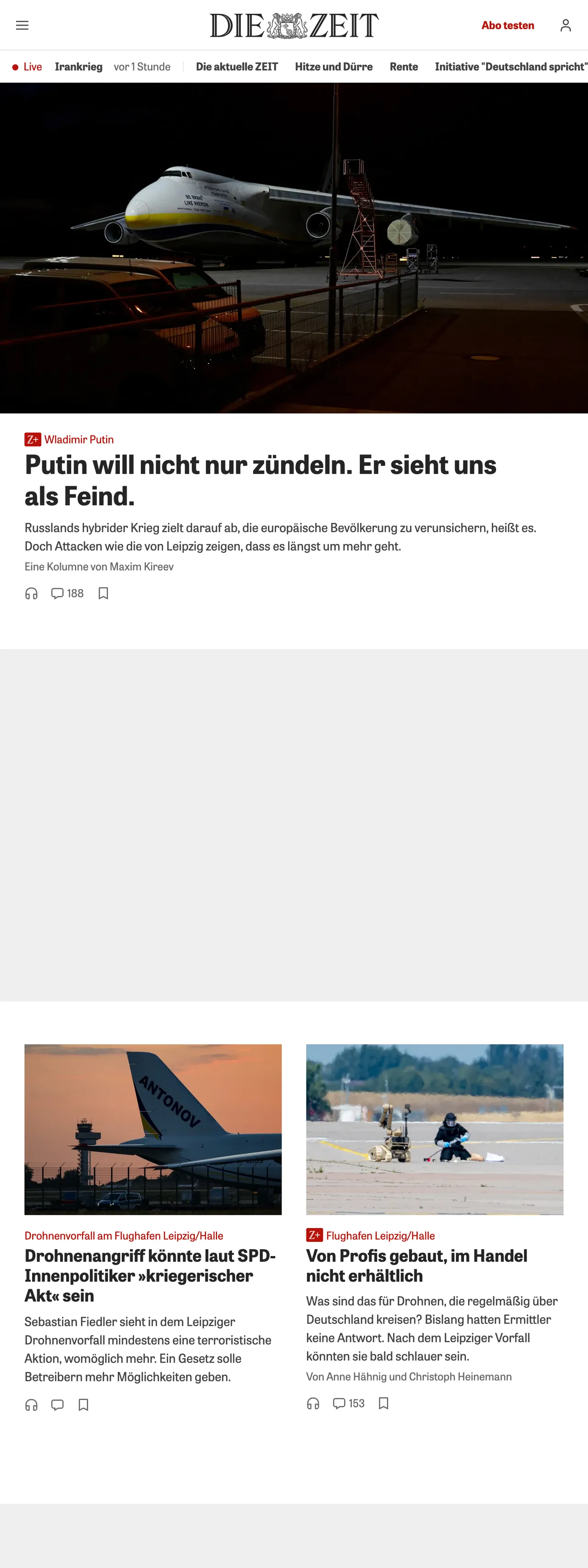 Screenshot of the ZEIT ONLINE front page