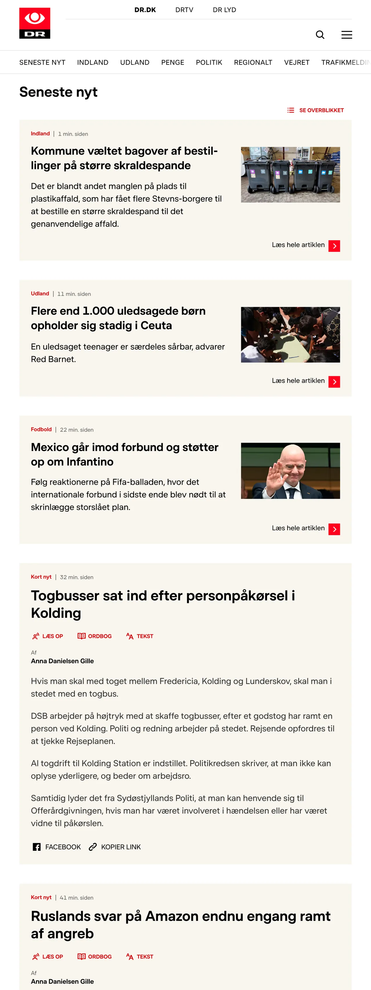 Screenshot of the DR front page