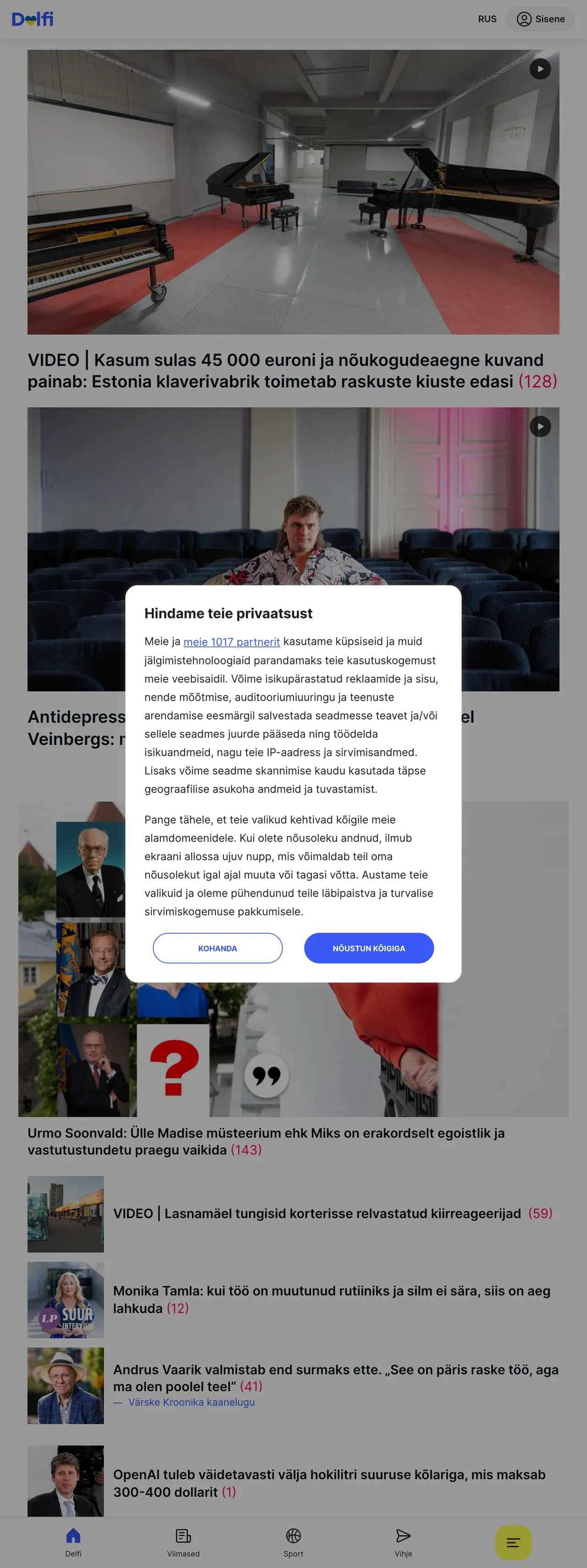 Screenshot of the Delfi front page