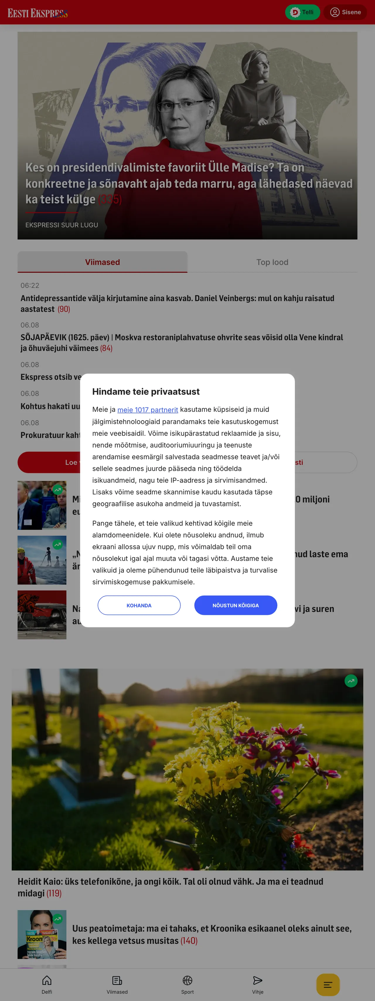 Screenshot of the Eesti Ekspress front page