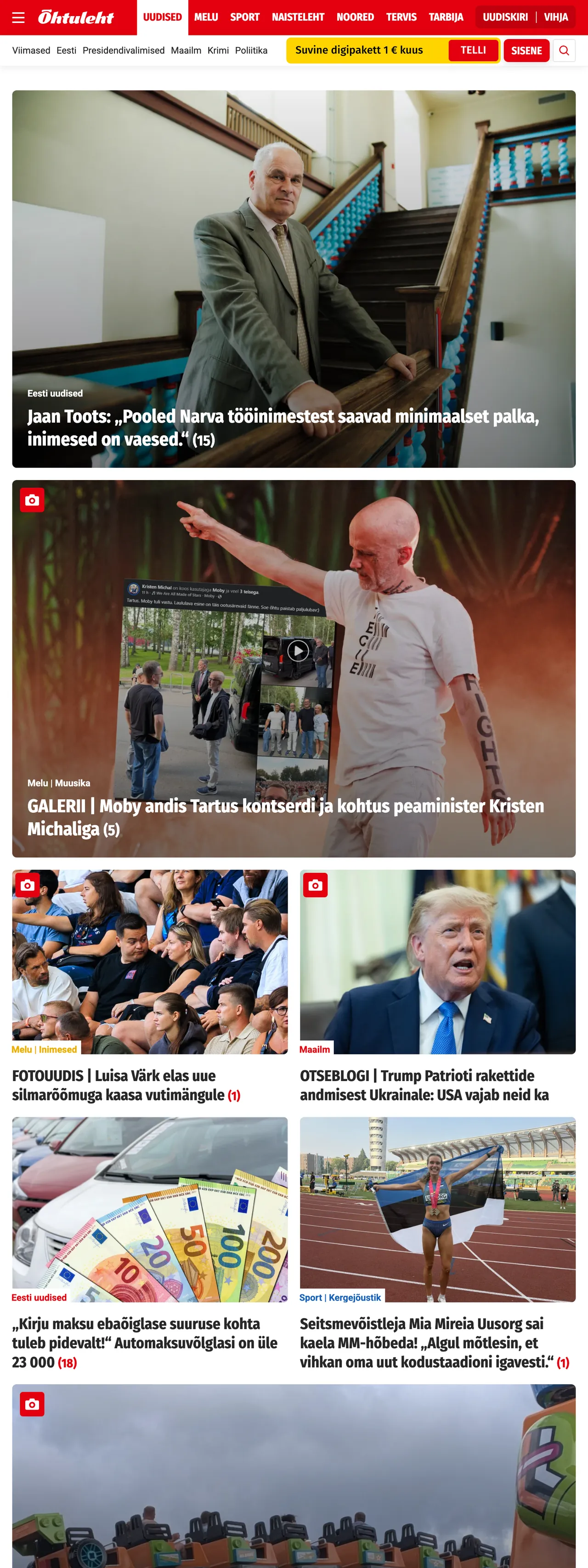 Screenshot of the Õhtuleht front page
