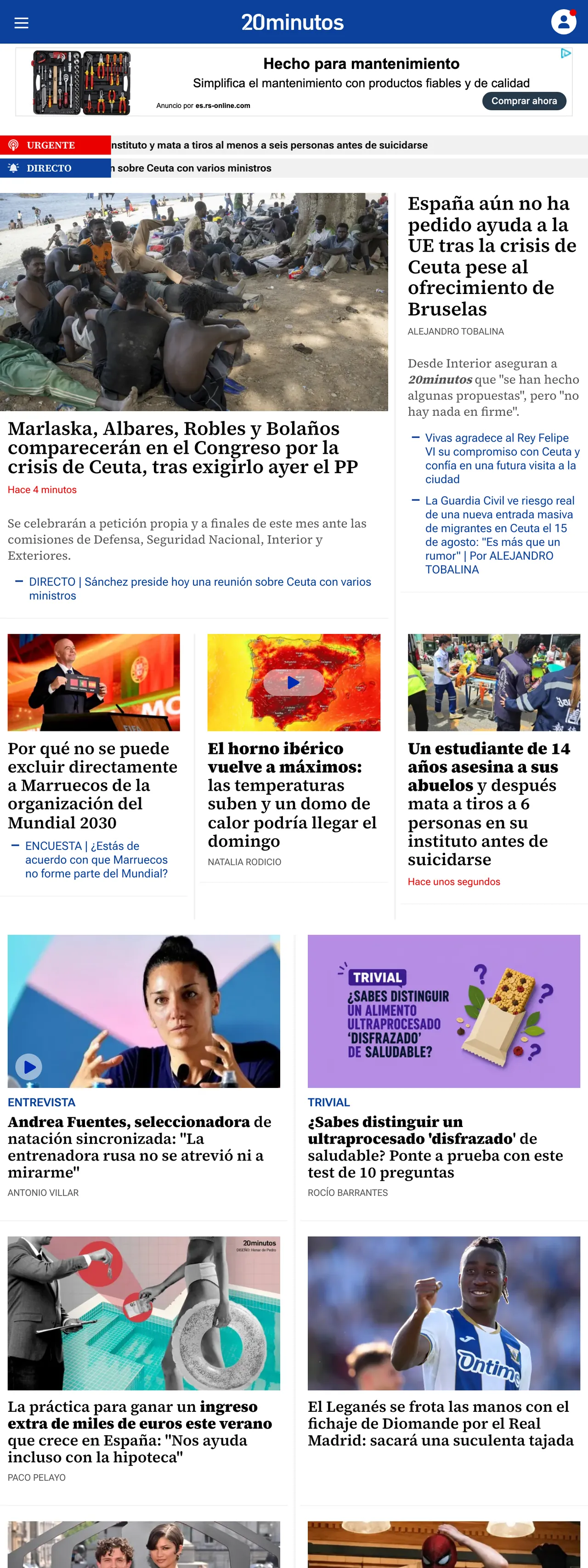 Screenshot of the 20minutos front page