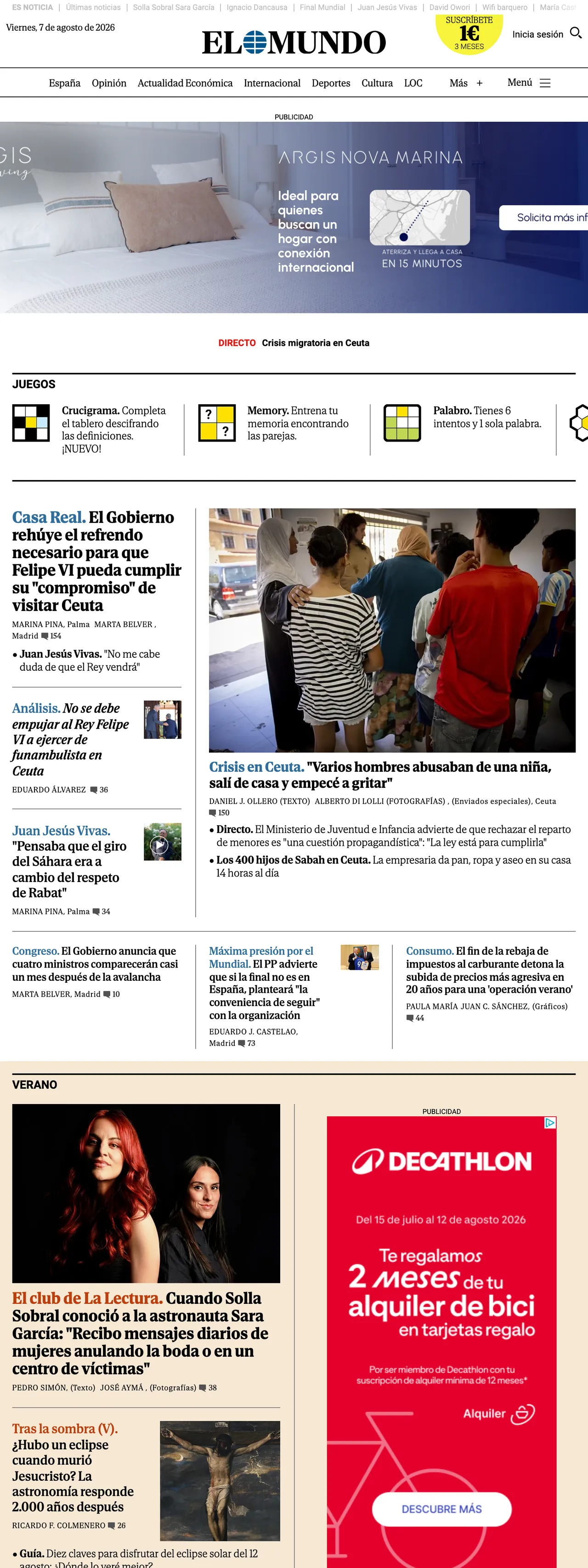 Screenshot of the El Mundo front page