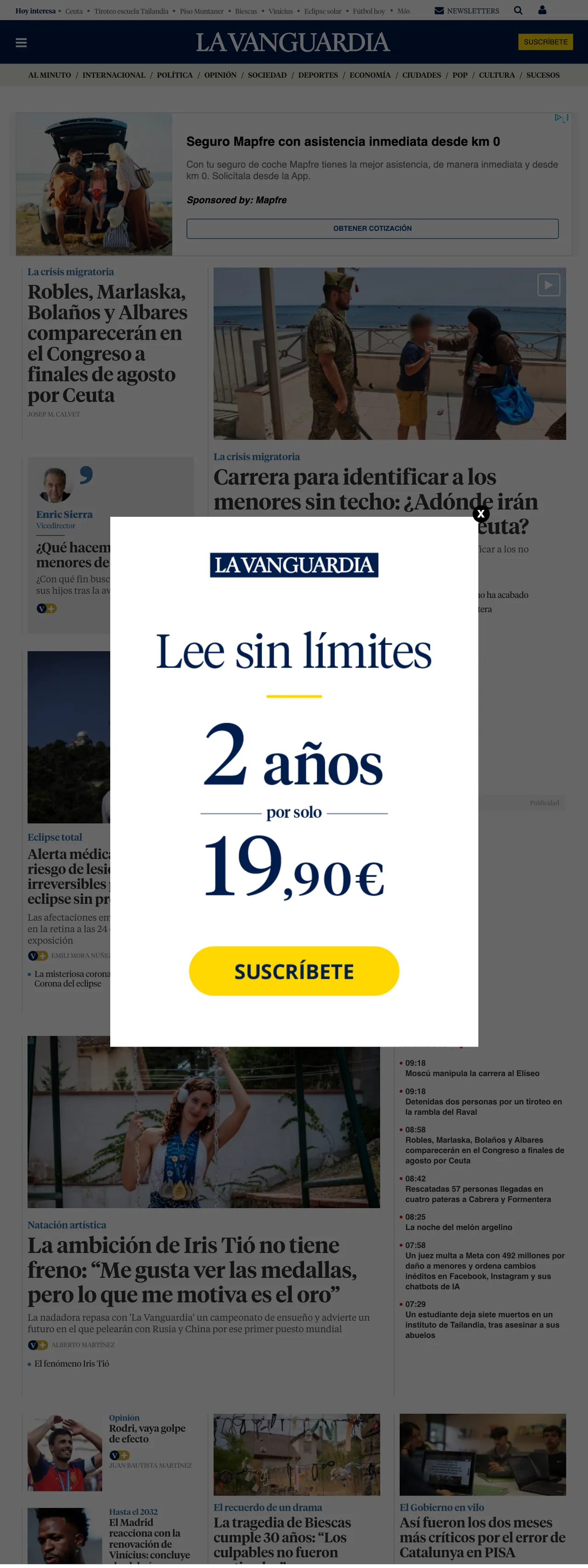 Screenshot of the La Vanguardia front page
