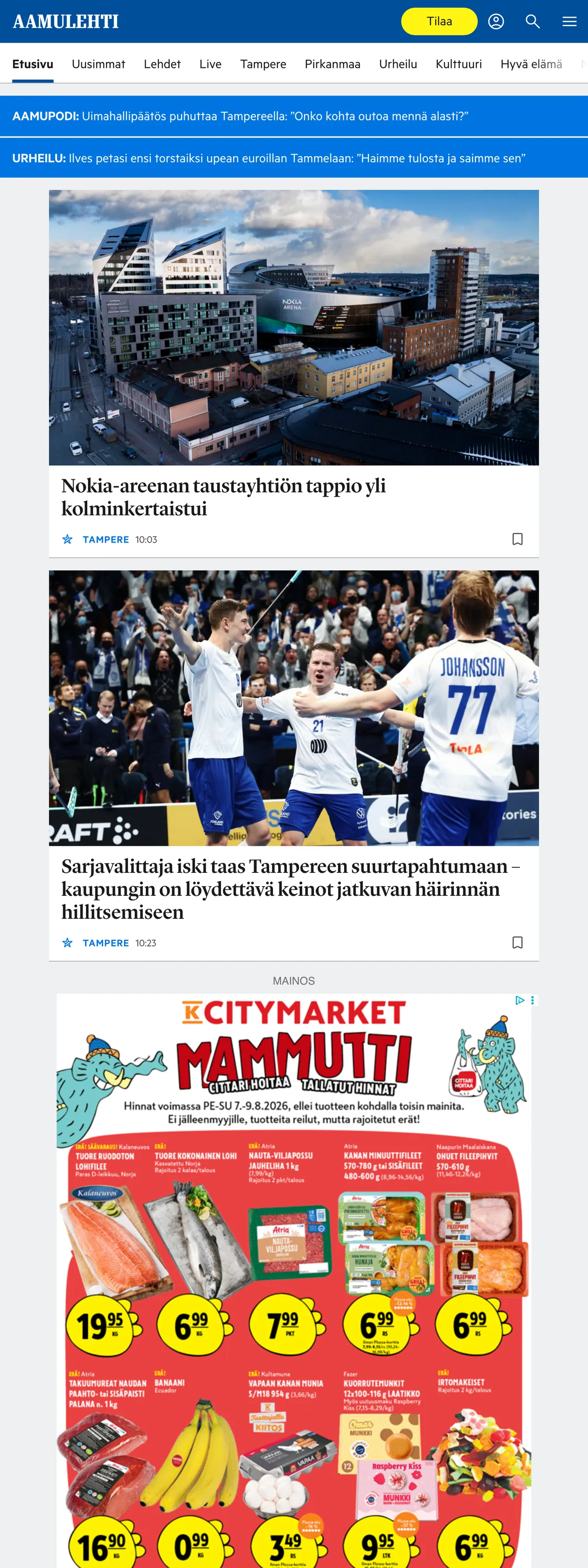 Screenshot of the Aamulehti front page
