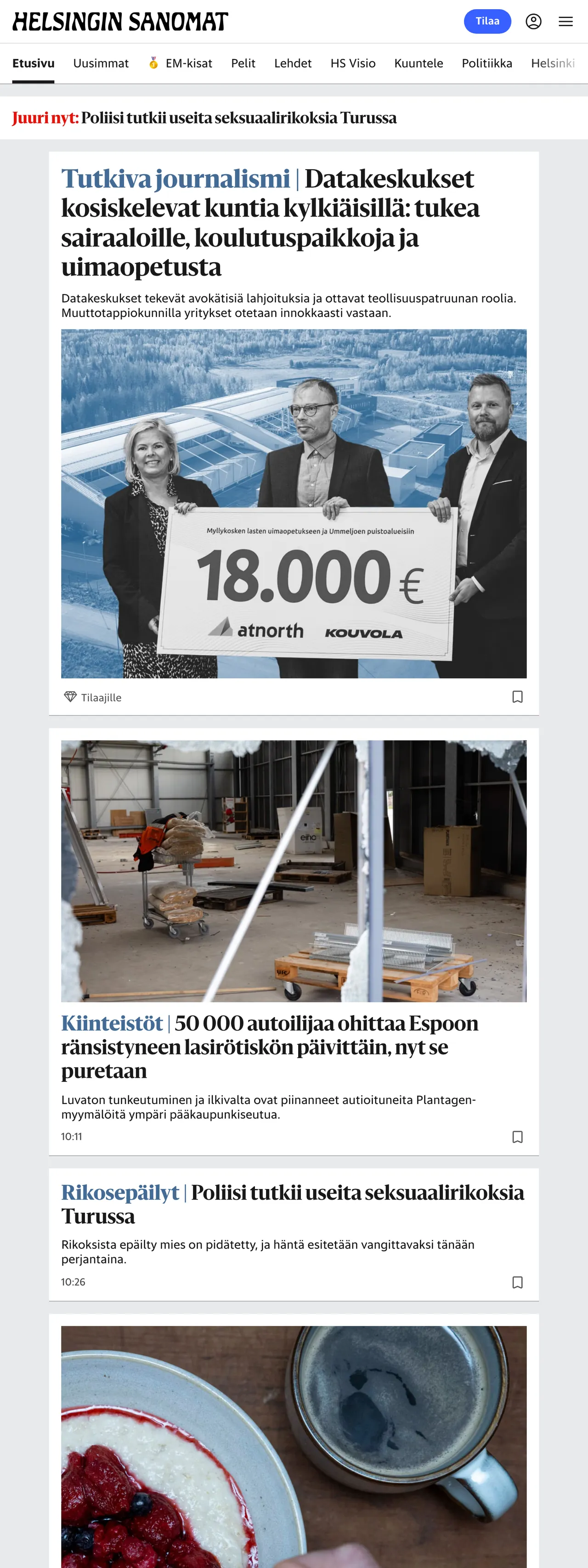 Screenshot of the Helsingin Sanomat front page